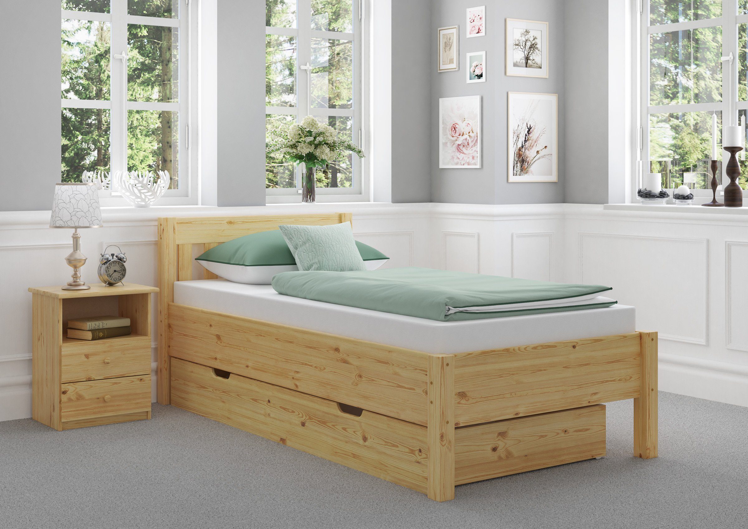 ERST-HOLZ Bett Kiefer Massivholzbett Seniorenbett Natur 90x200, lackiert Hohes Kieferfarblos