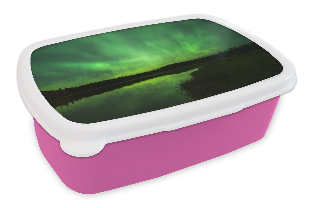 MuchoWow Lunchbox Nordlichter - Baum - Alaska, Kunststoff, (2-tlg), Brotbox für Erwachsene, Brotdose Kinder, Snackbox, Mädchen, Kunststoff rosa