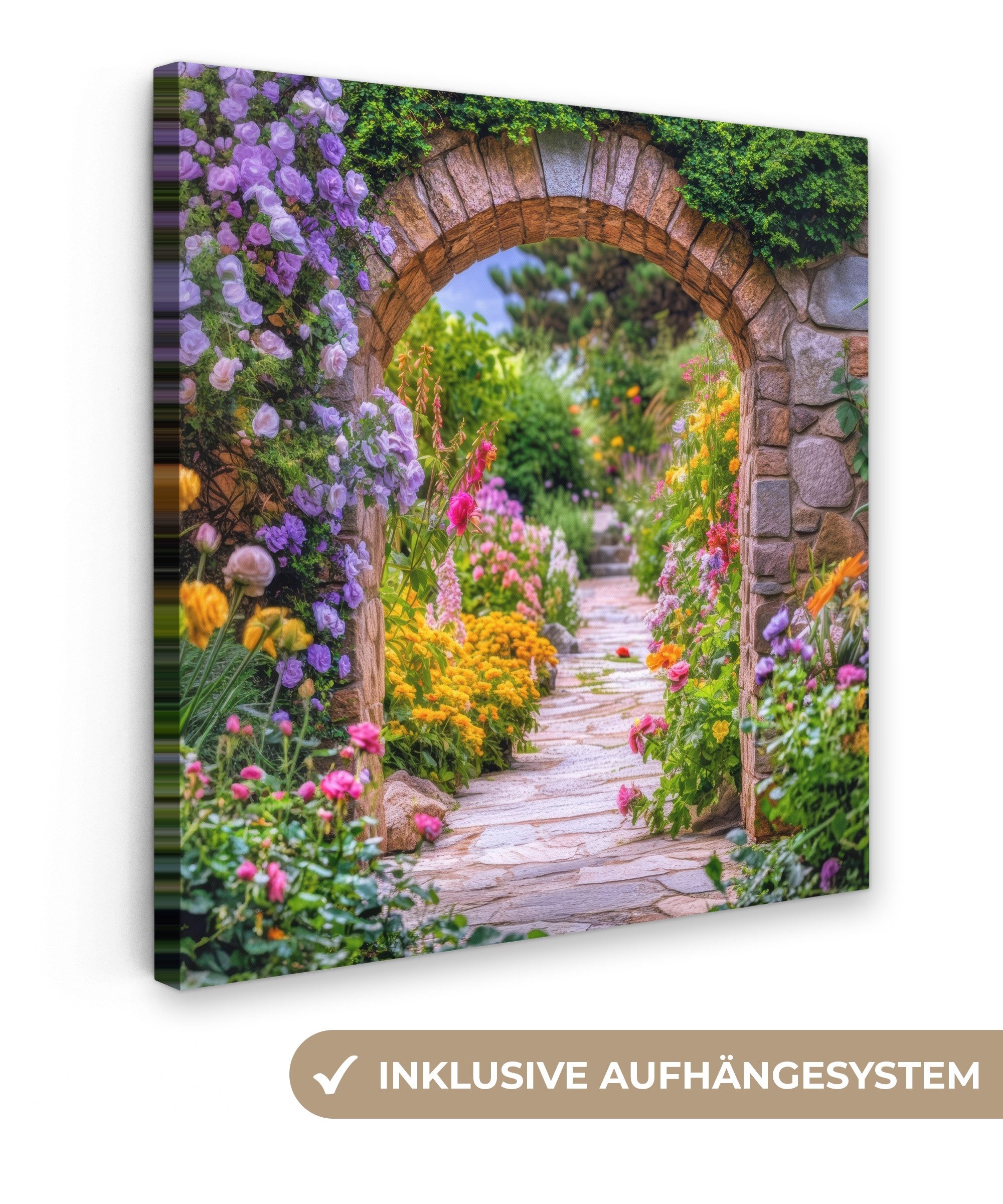 OneMillionCanvasses® Leinwandbild Durchblick - Blumen - Weg - Natur, Fotodruck (1 St), Wandbild, Deko Schlafzimmer Wohnzimmer Flur 20x20 cm