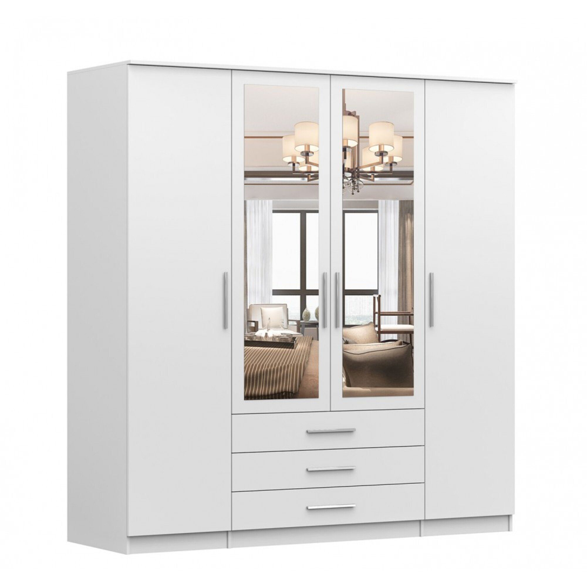 MOEBLO Drehtürenschrank RUTH 4D (mit Spiegel und Schubladen, Kleiderschrank 4-türig Schrank Garderobe Schlafzimmer) (BxHxT):200x210x64cm