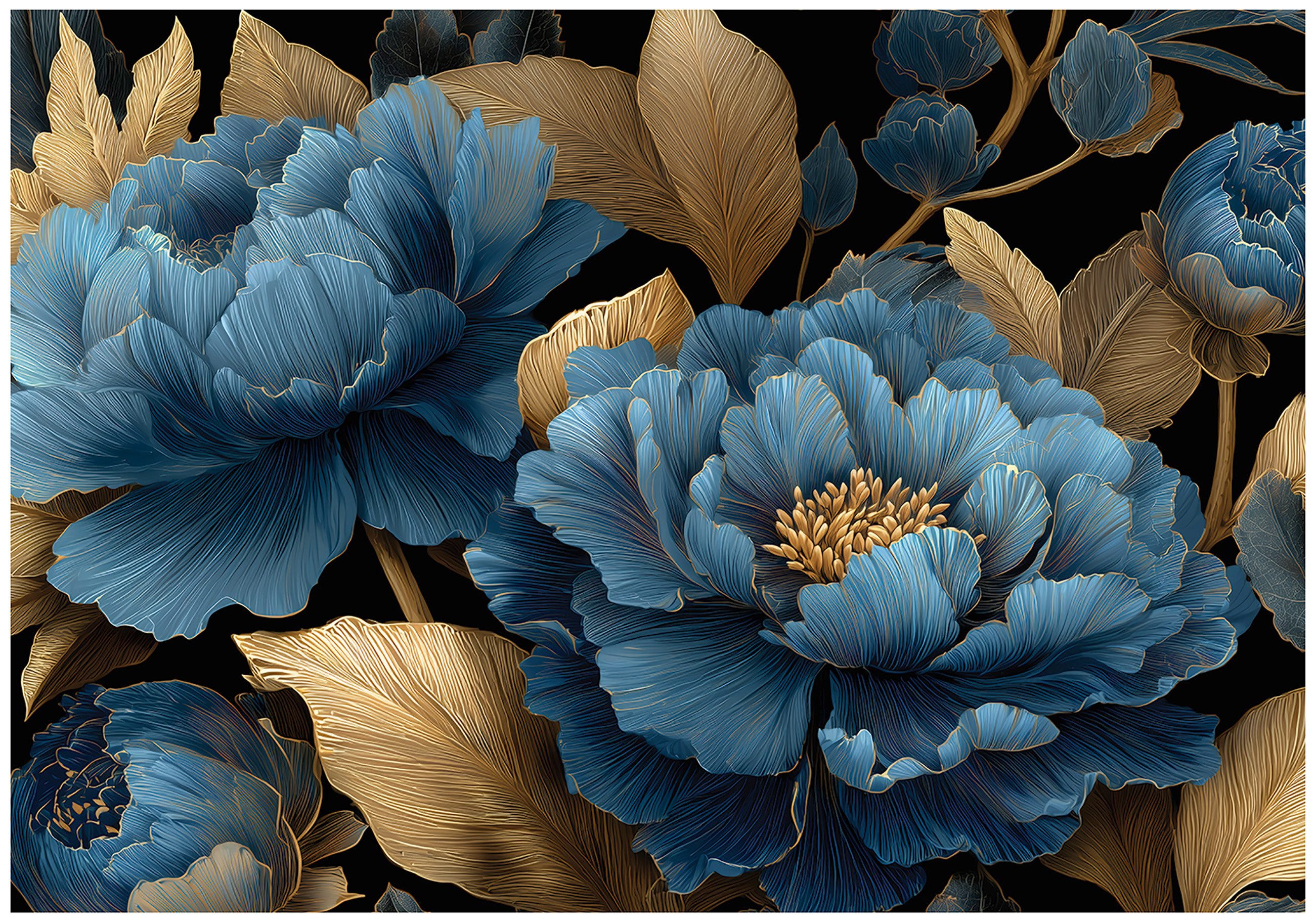 Wallarena Fototapete Blume Blau Gold Natur Vlies Tapete Wohnzimmer Schlafzimmer Wandtapete, Glatt Vlies Washable, Blume, Blau, Schwarz, Gold, Natur, (Packung, 2 St., Vlies Fototapete), Vliestapete Blau Wohnzimmer Schlafzimmer Küche Tapete + Kleister