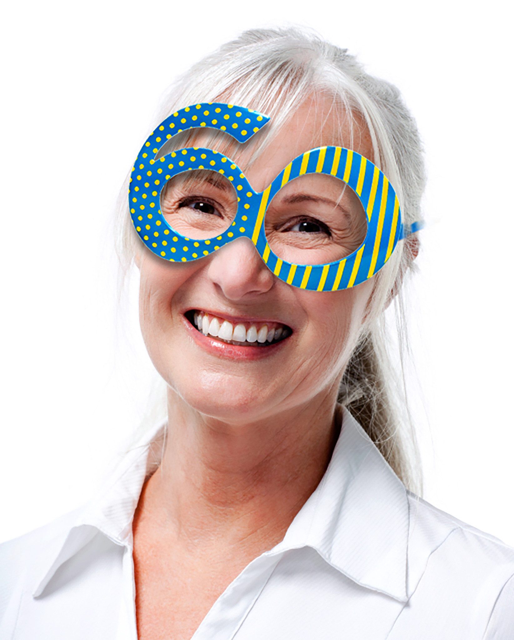partydeco Kostüm, Partybrille für 60. Geburtstag gestreift und gepunktet Blau Gelb