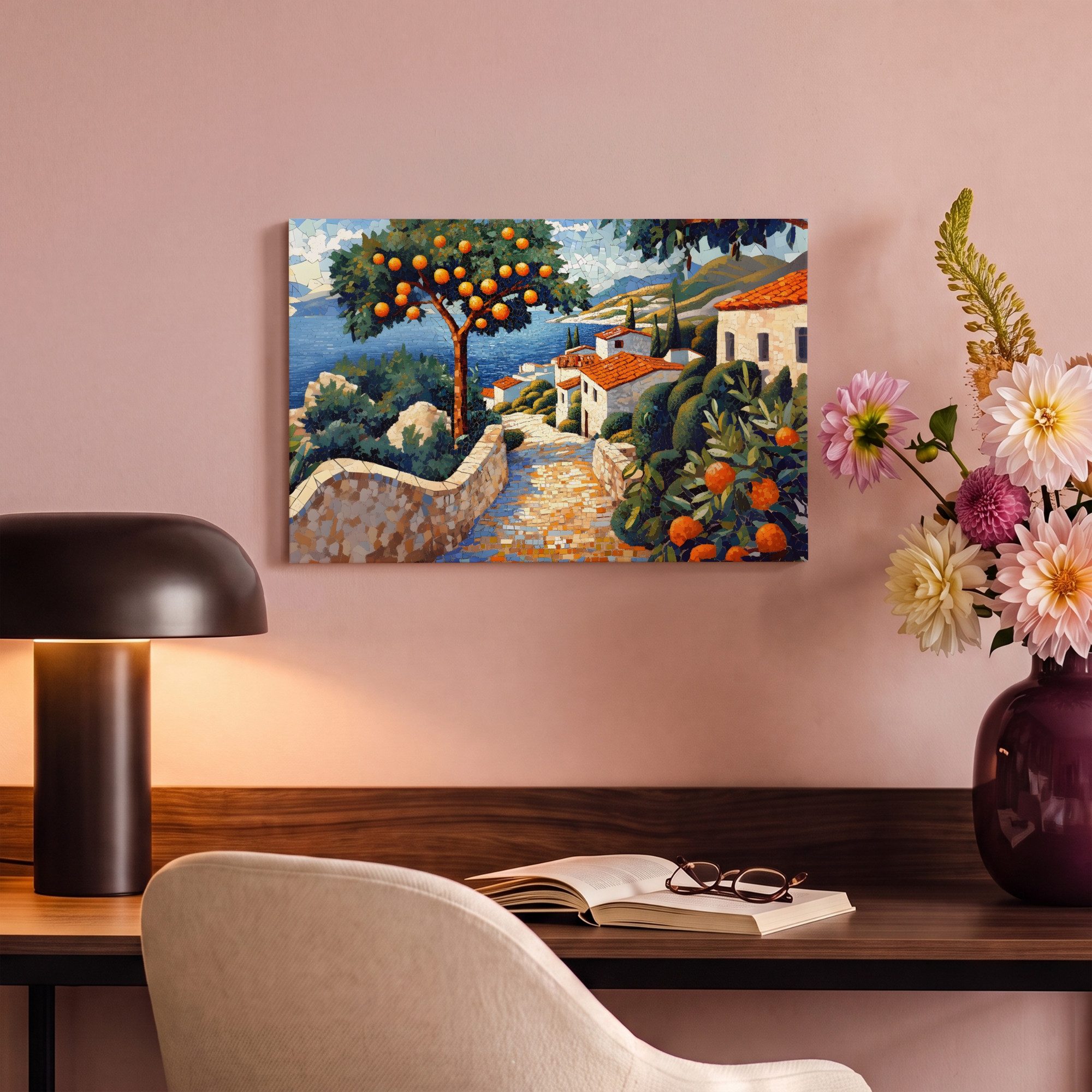 OneMillionCanvasses® Leinwandbild Häuser - Mosaik - Orangenbäume - Meer, Fotodruck (1 St), Leinwand Bilder Klein, Wand Dekoration Aesthetic 30x20 cm – Bild 4 von 5