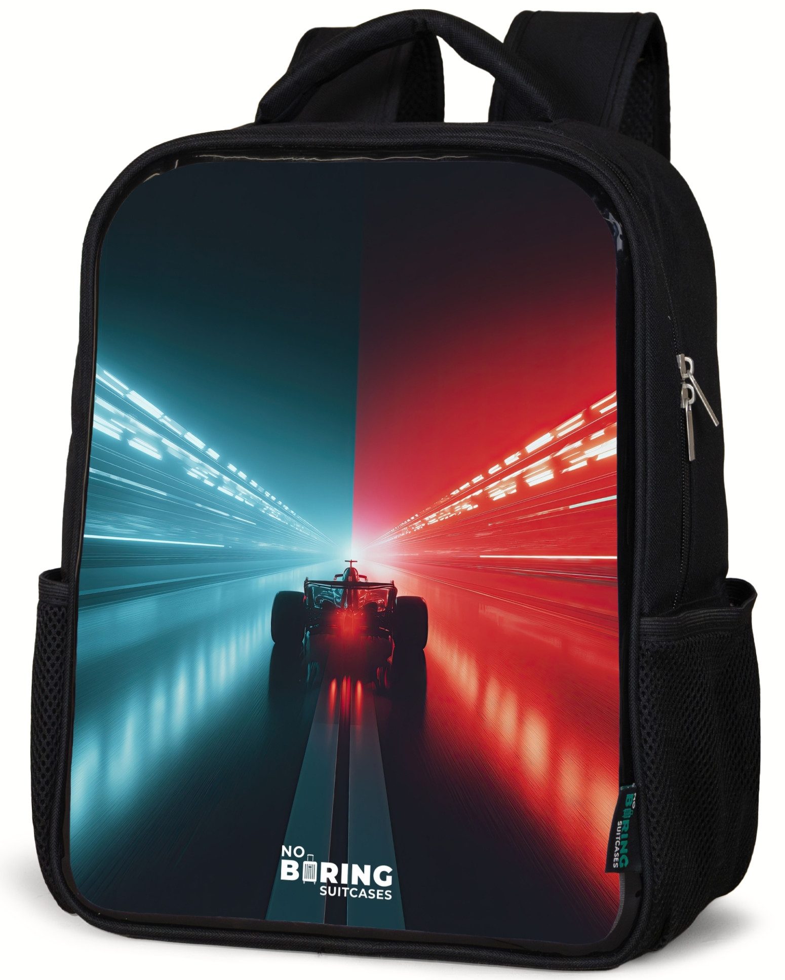 NoBoringSuitcases.com© Rucksack Rennstrecke - Rennwagen - Neon - Rot, Kinderrucksack Schwarz, Schulrucksack, Freizeitrucksack Jungen Mädchen
