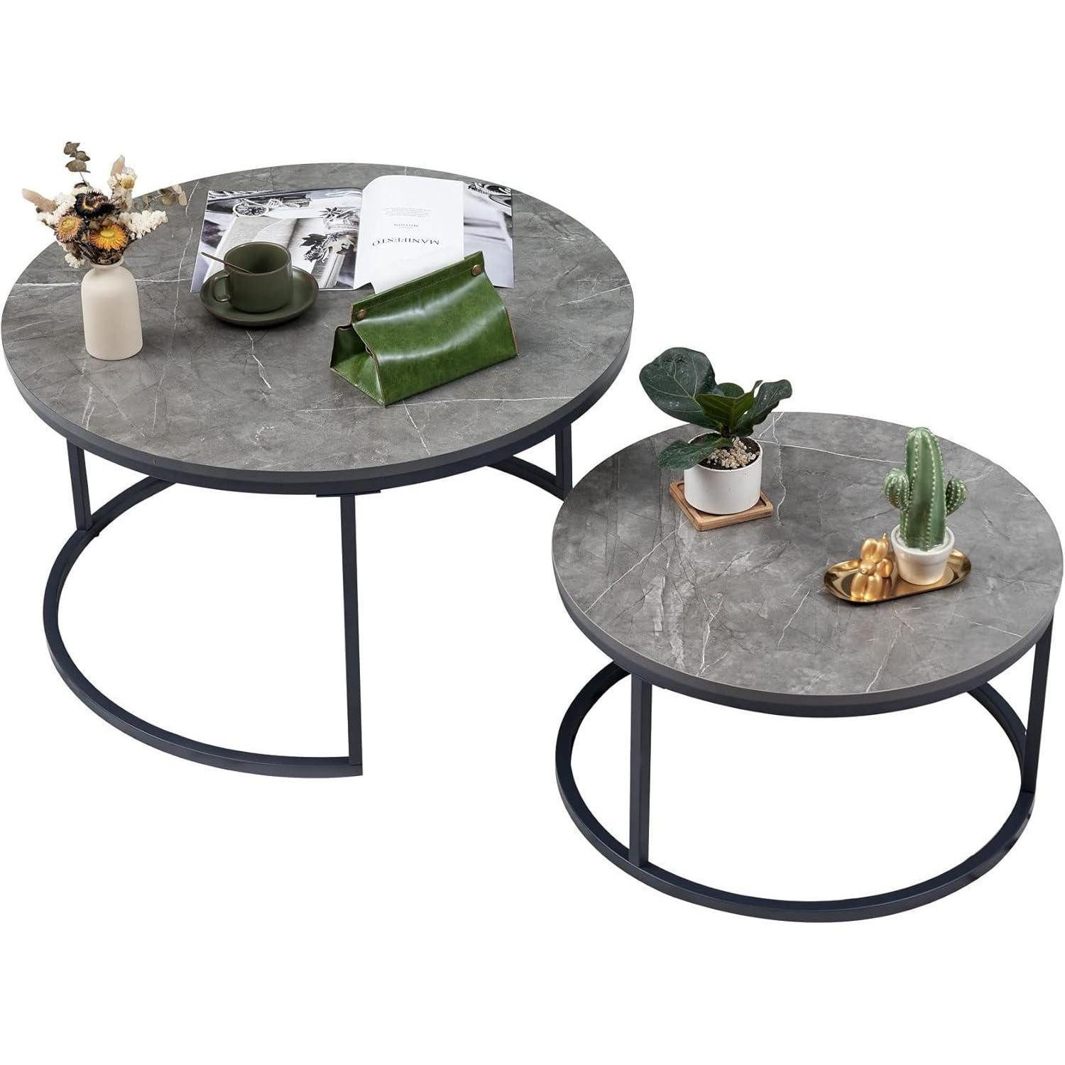 LuxusKollektion Couchtisch Couchtisch 2er Set Rund Grau Marmor Metallgestell Wohnzimmertisch