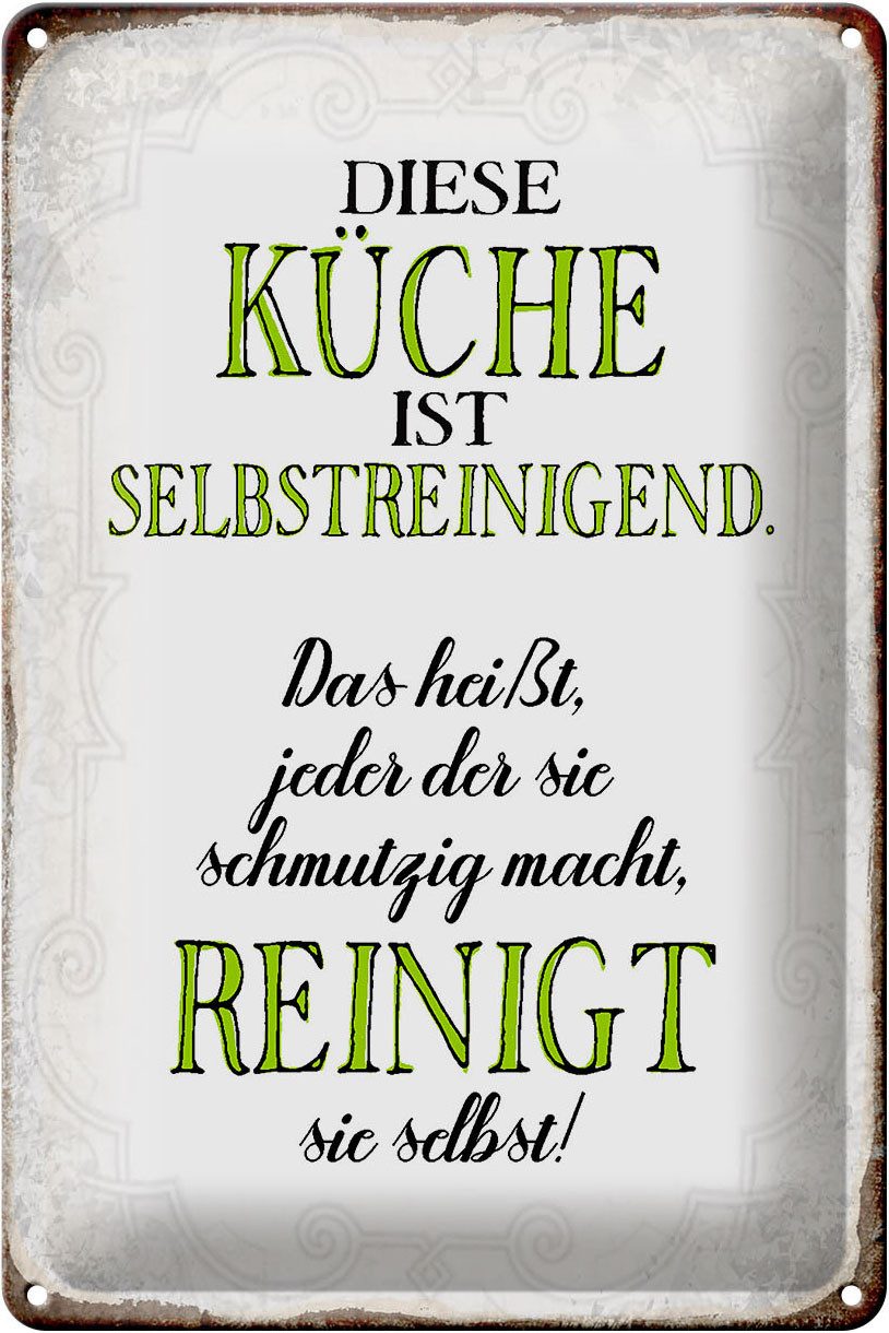 Femer GmbH Metallschild Spruch 20x30cm diese Küche ist selbstreinigend Küchendeko, (1 St), gewölbte Oberfläche, abgerundete Ecken, umgeschlagene Kanten