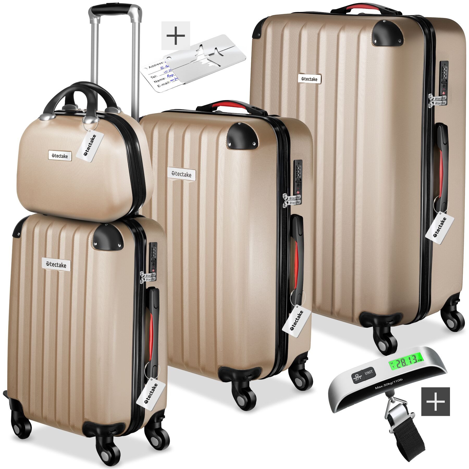 tectake Trolley Hartschalenkoffer-Set, 4 Rollen, 4-teilig, 3 Trolleys, 1 Beauty Case inkl. Kofferwaage und -anhänger