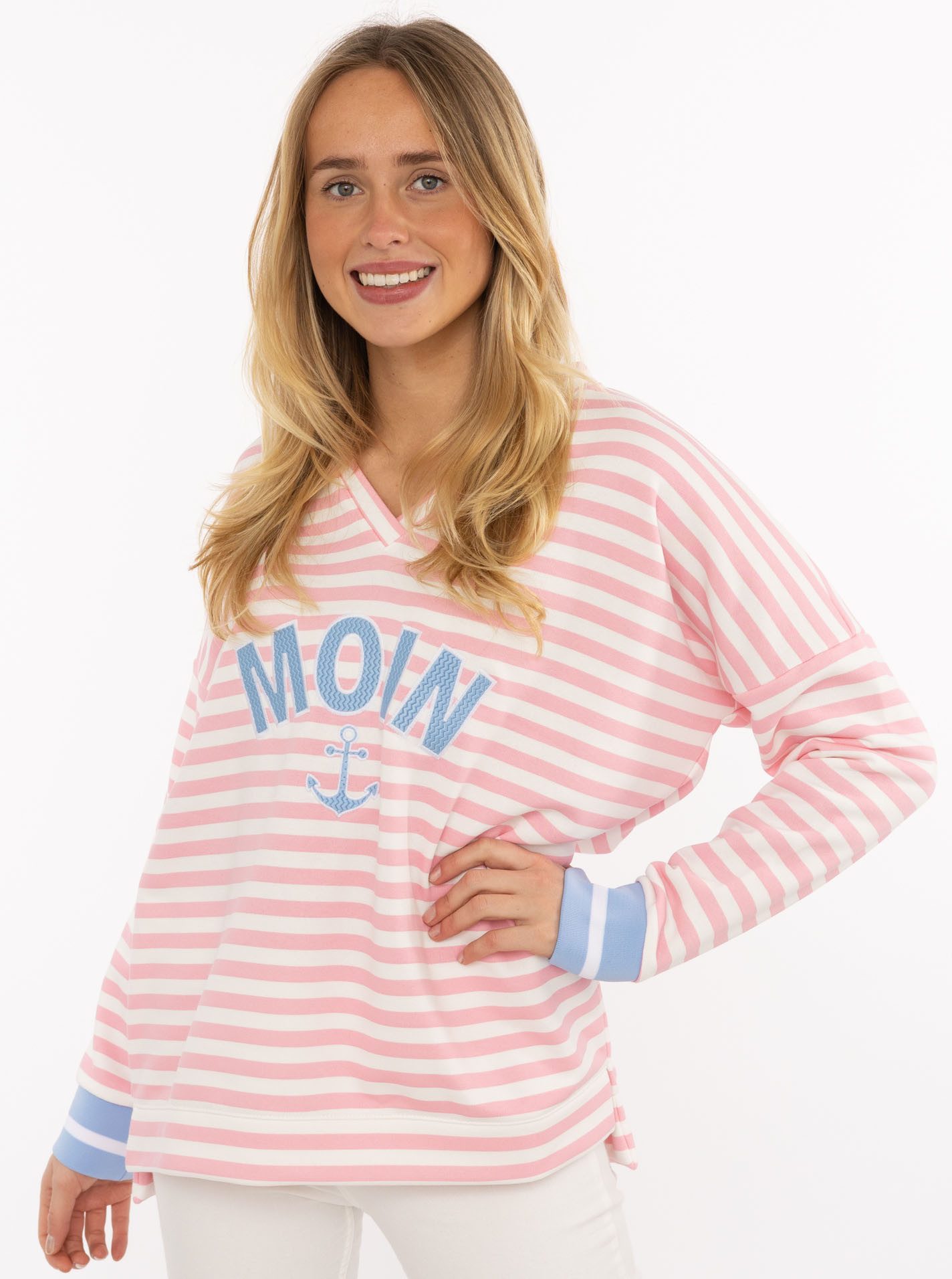 Zwillingsherz Hoodie "Streifen Moin" V-Neck, gestreift, Stickerei mit Anker, gestreifte Bündchen