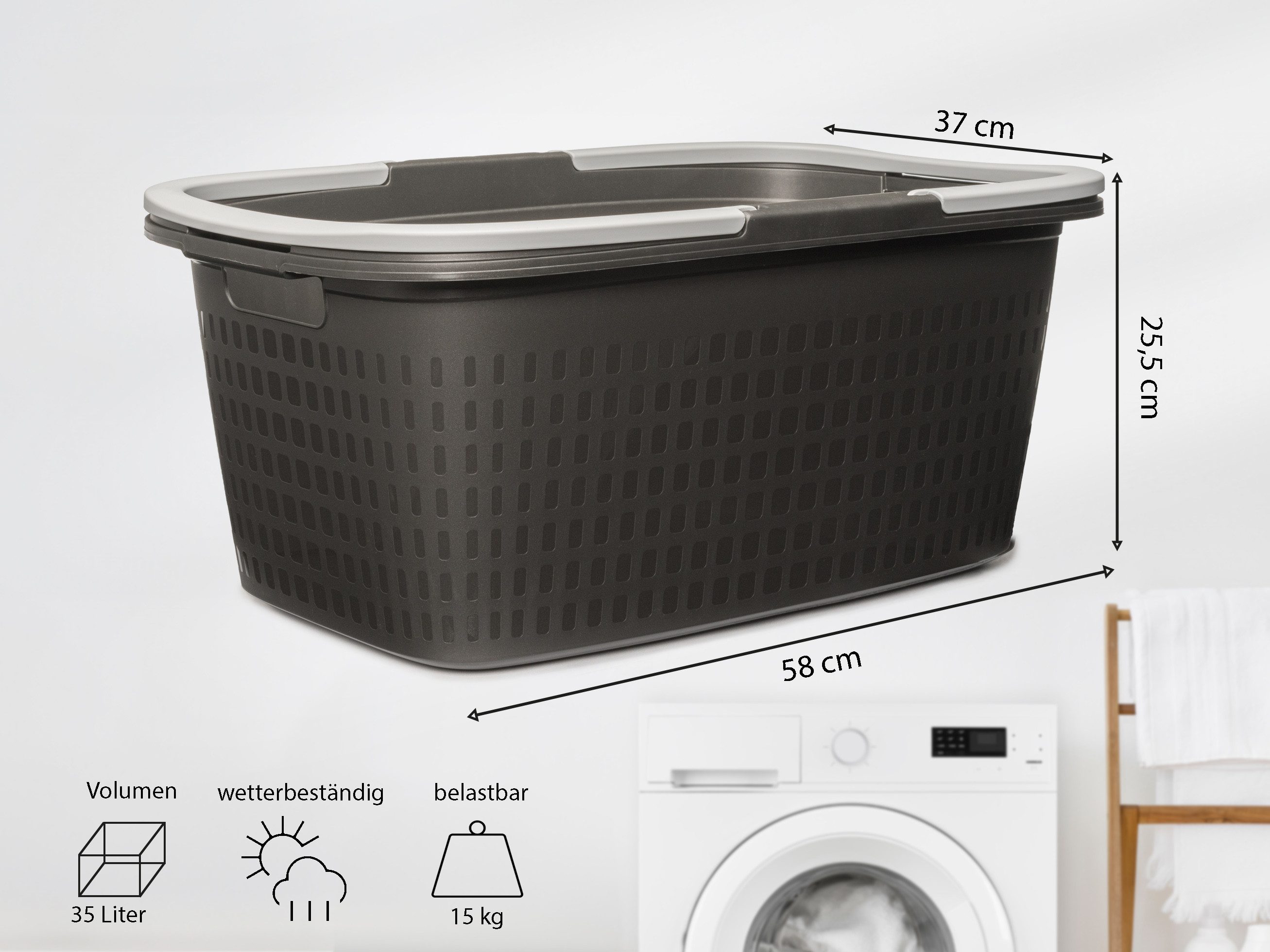Hausfelder Wäschekorb Wäschewanne 35 l (Anthrazit-Schwarz, 3 Wannen) (Set, 3 St., 3 x Wäschewanne), mit klappbaren Henkeln, mit Griffen, 35 Liter – Bild 4 von 5