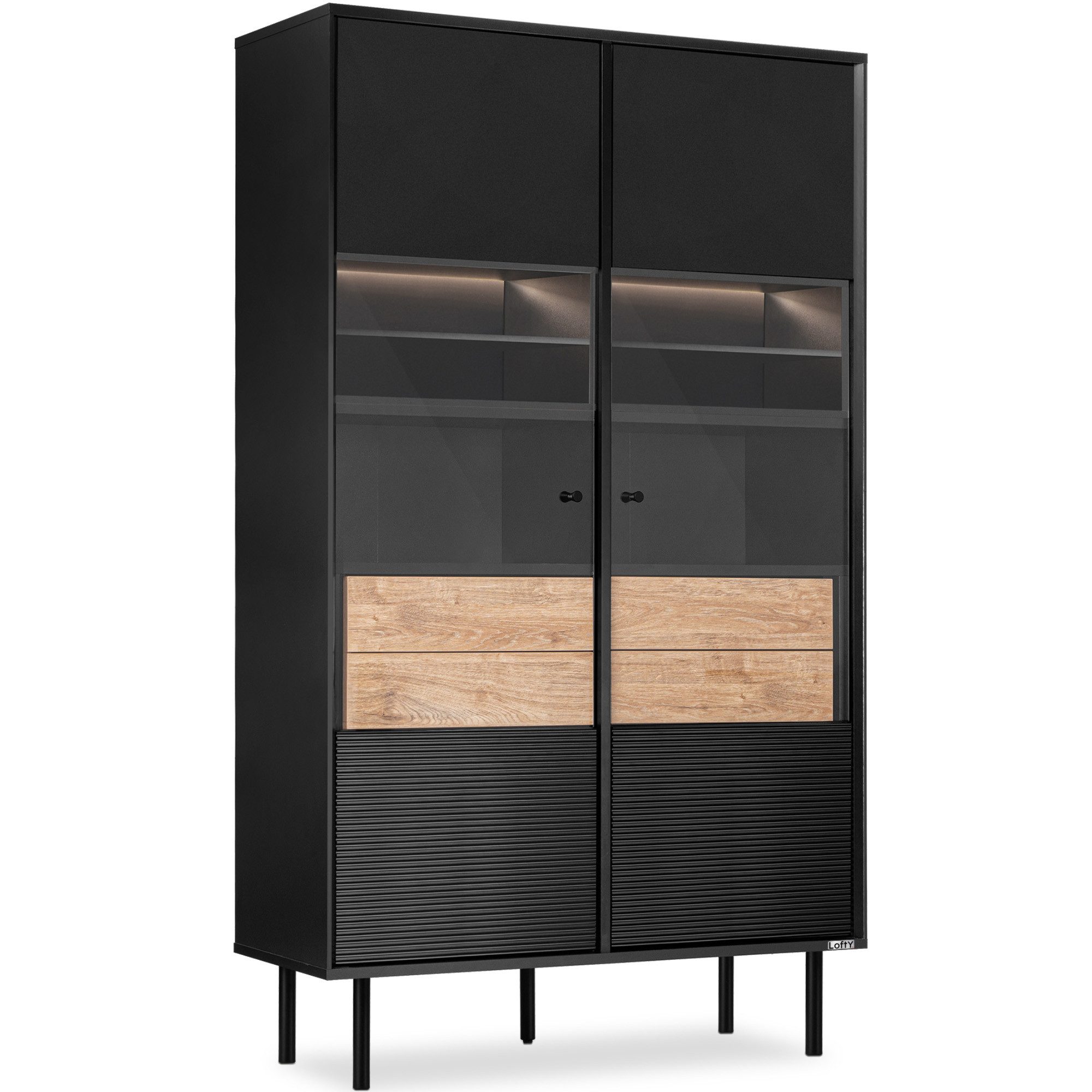 KONSIMO® Glasvitrine LOFTY Vitrinenschrank, Höhe 174 cm, ohne Beleuchtung geriffelte Front, mit Schubladen, Loft-Stil, hergestellt in der EU