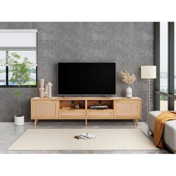 XDeer Sideboard TV-Konsolentisch,TV-Schrank mit echtem Rattandesign, TV-Schrank, mit massiven Holzfüßen,Geflochtener Rattan-TV-Boards - 200*37*49cm