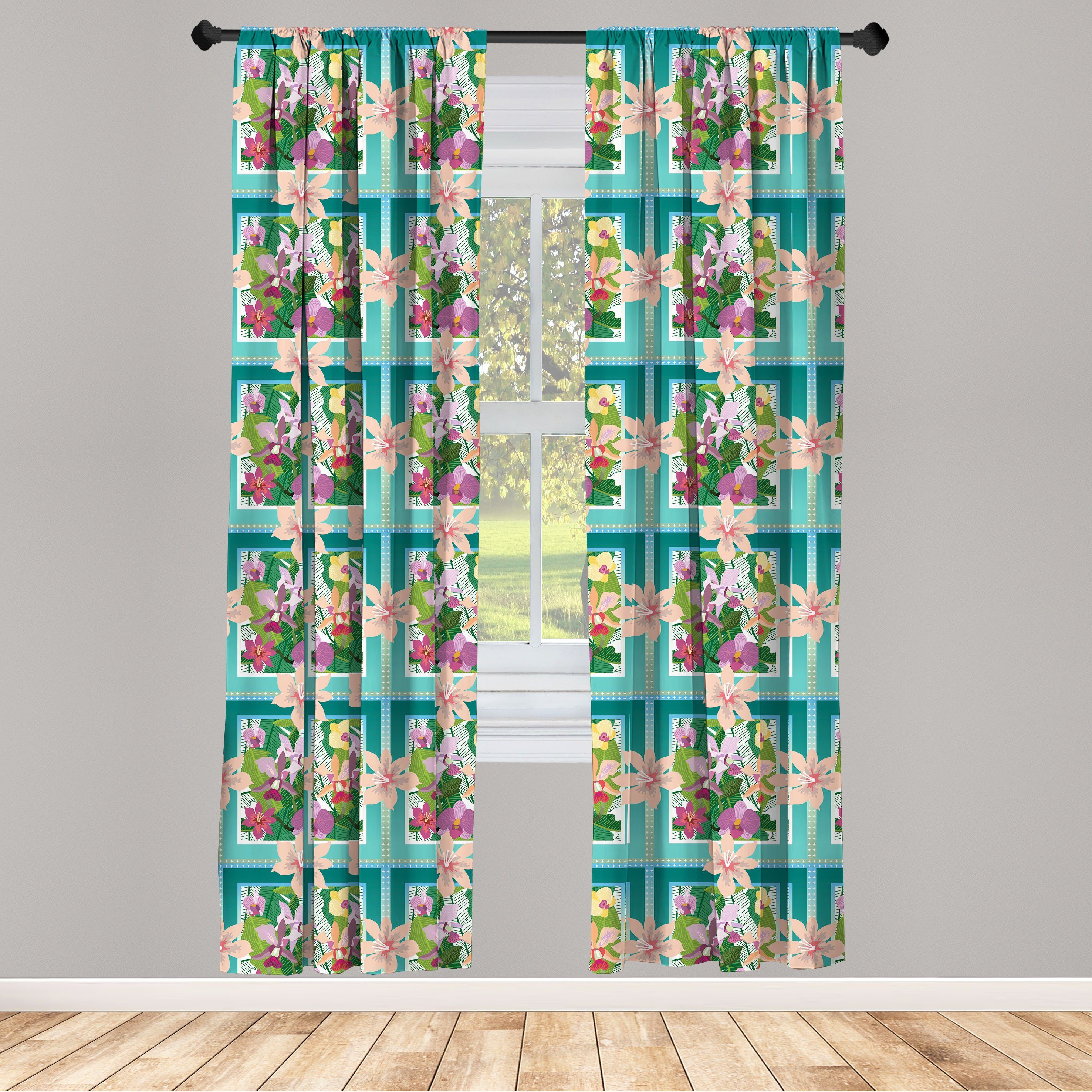 Gardine Vorhang für Wohnzimmer Schlafzimmer Dekor, Abakuhaus, Microfaser, Blumen Exotische Blüten-Bouquets Palms