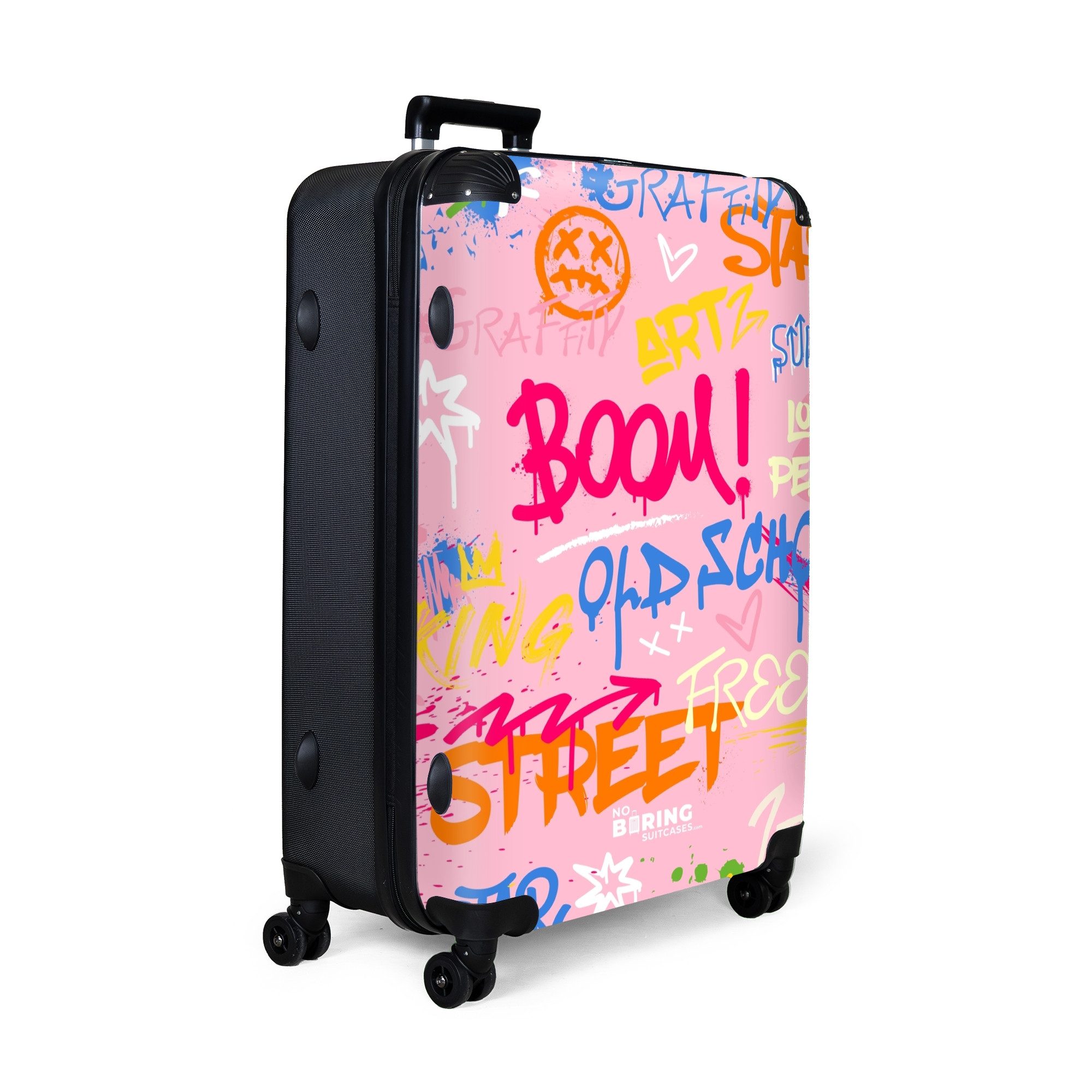 NoBoringSuitcases.com© Hartschalen-Trolley Rosa Hintergrund mit buntem günstig online kaufen