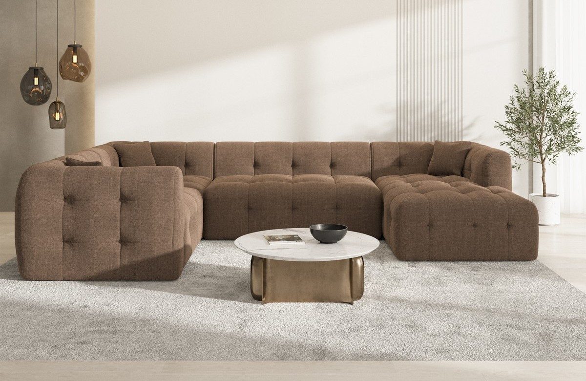 Sofa Dreams Wohnlandschaft Sevilla U Form Polster Loungesofa, 6-Sitzer, Loungesofa, Strukturstoff Braun, Ottomane rechts