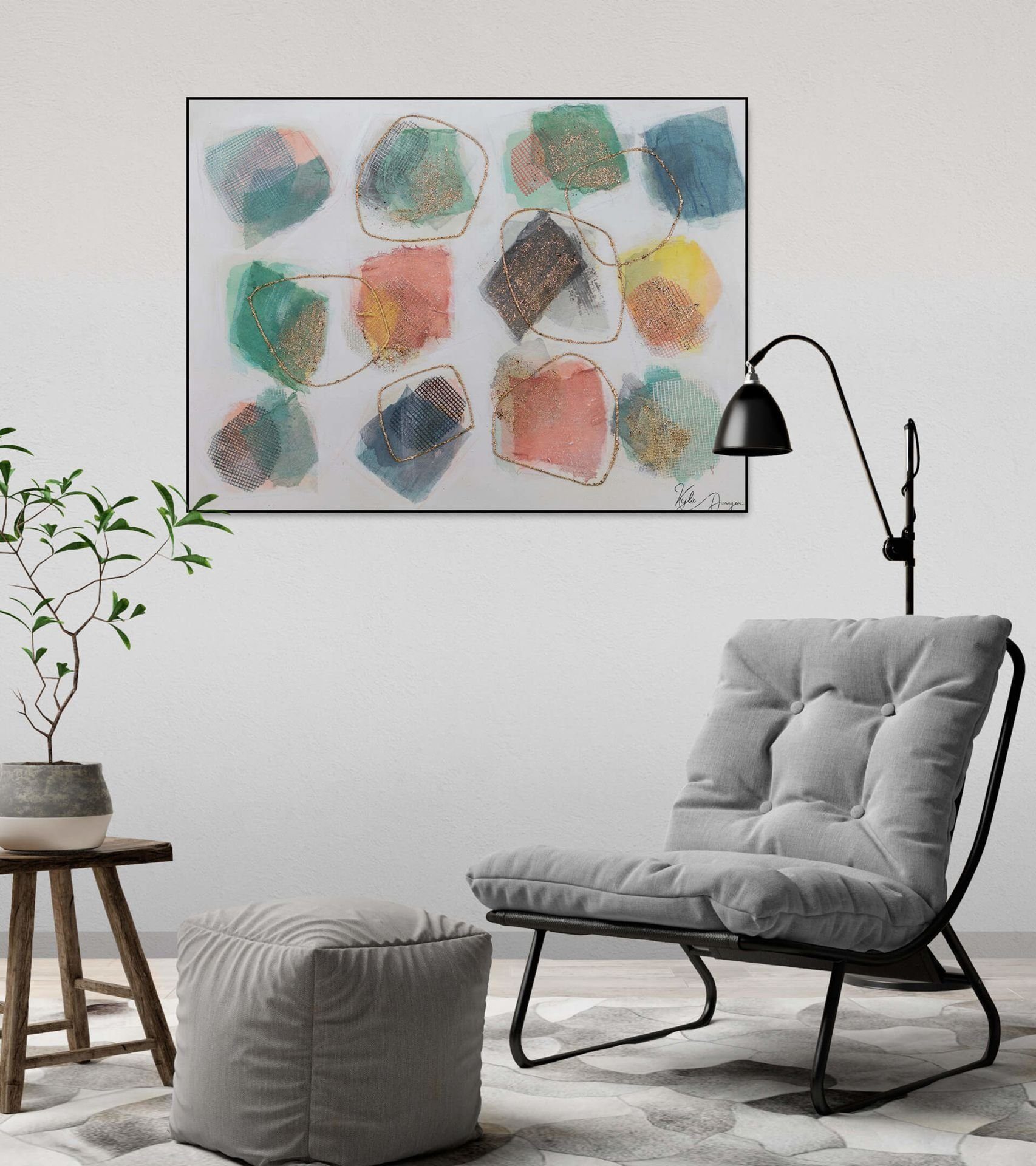 KUNSTLOFT Gemälde Buntes Zusammenspiel 100x75 cm, 100% Wandbild Wohnzimmer Leinwandbild HANDGEMALT