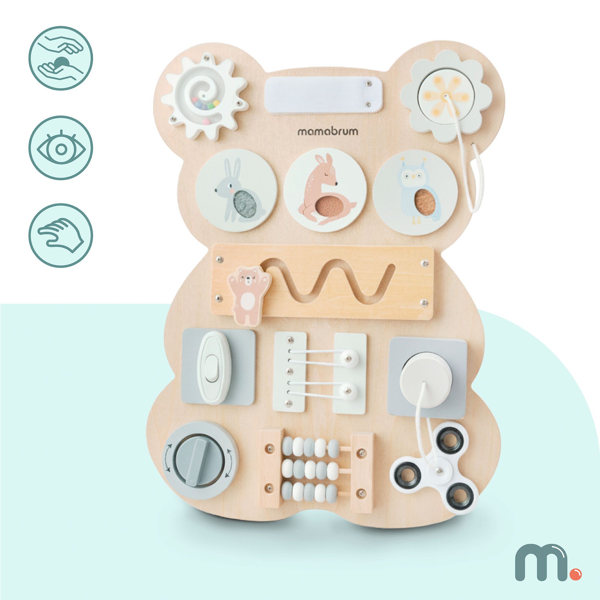 Mamabrum Lernspielzeug Montessori Busy Board Holz Teddy – Motorik & Sensorik