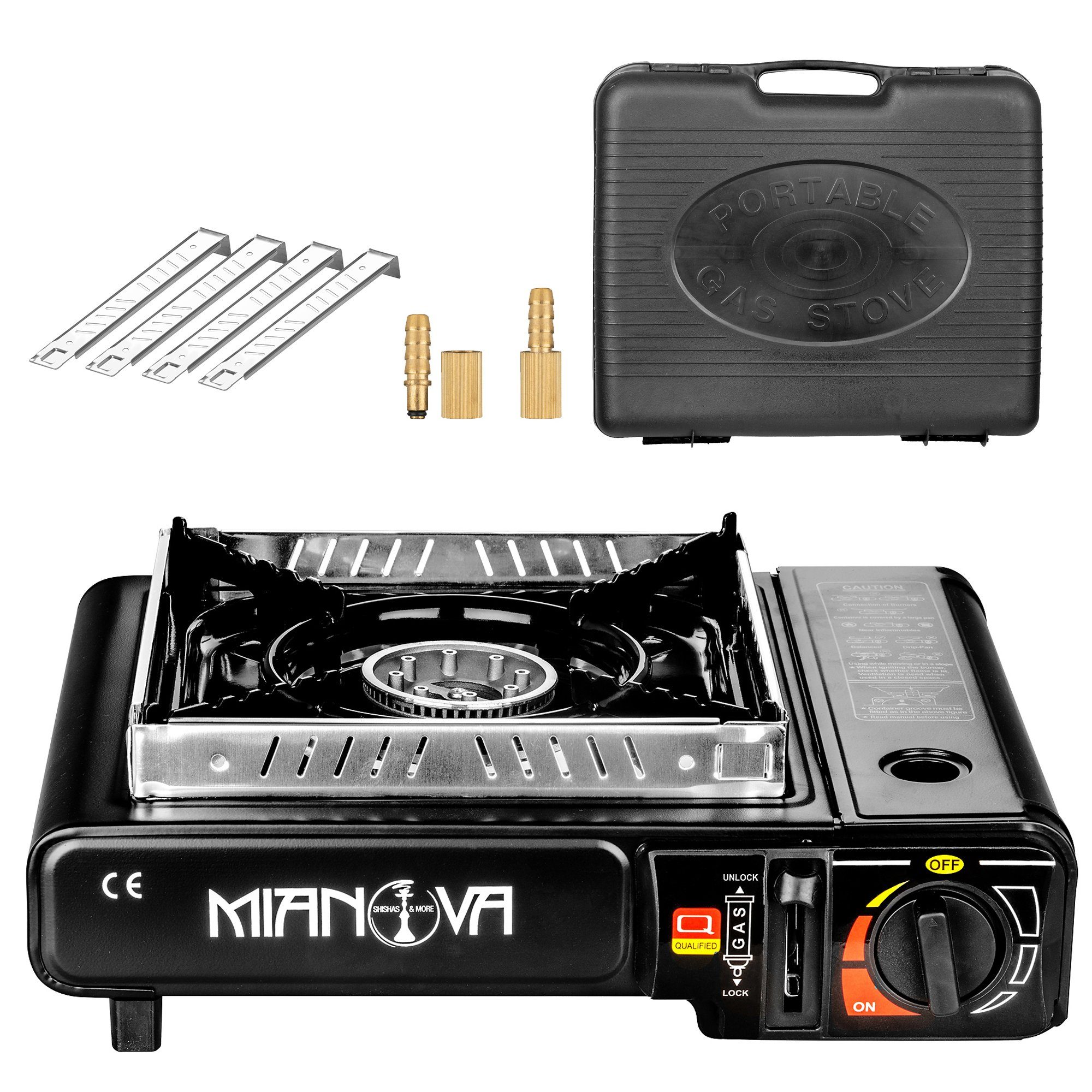 Mianova Gaskocher Campingkocher Gaskocher 2in1 LPG Anschluss Windschutz Koffer Set, Outdoor Gaskocher mit Adapter, Tragekoffer und Piezzo-Zündung
