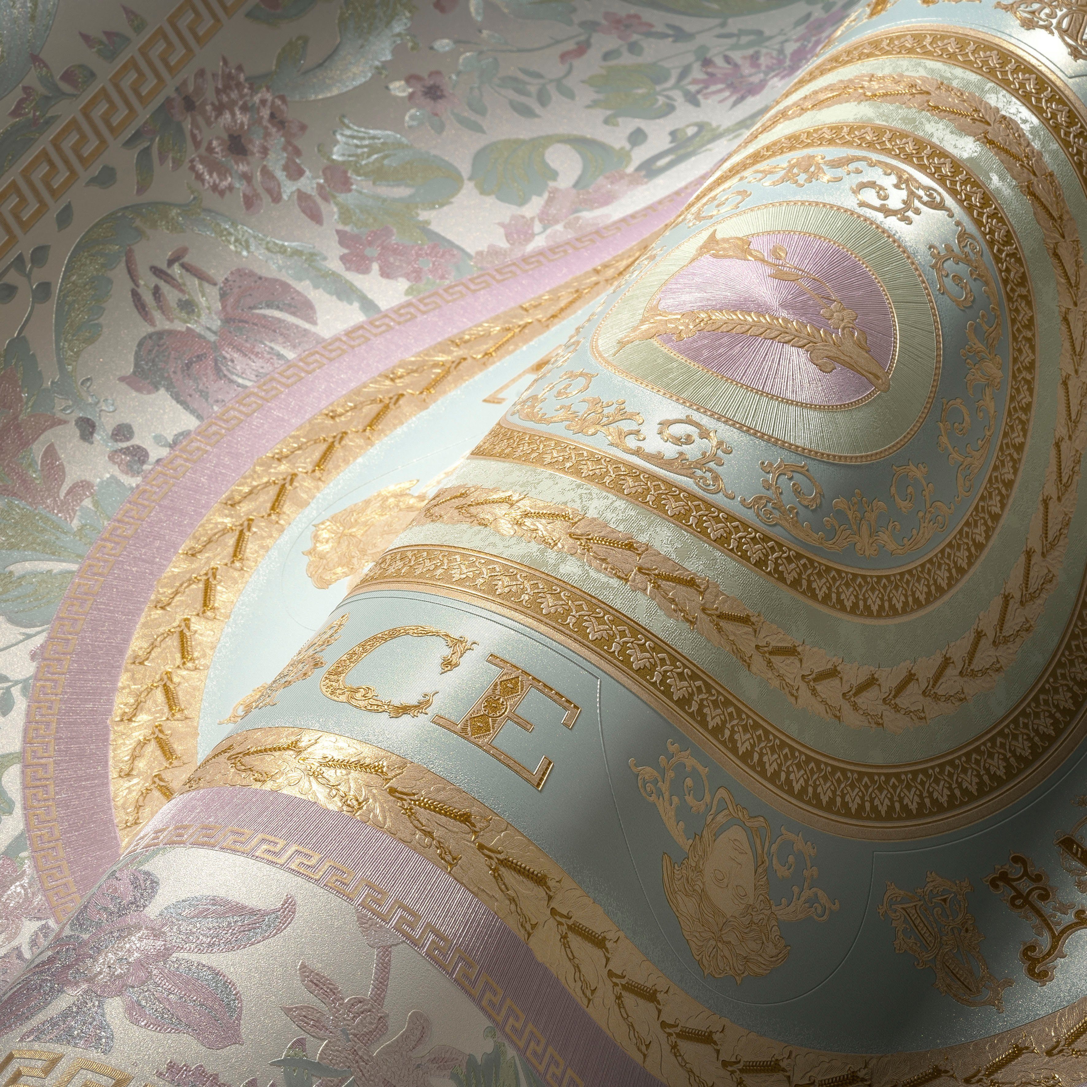 Fliesen-Tapete glänzend, leicht Versace (1 mint/goldfarben/rosa strukturiert, leicht Wallpaper Design, Versace St), Floral Designertapete, Vliestapete auffallende 5