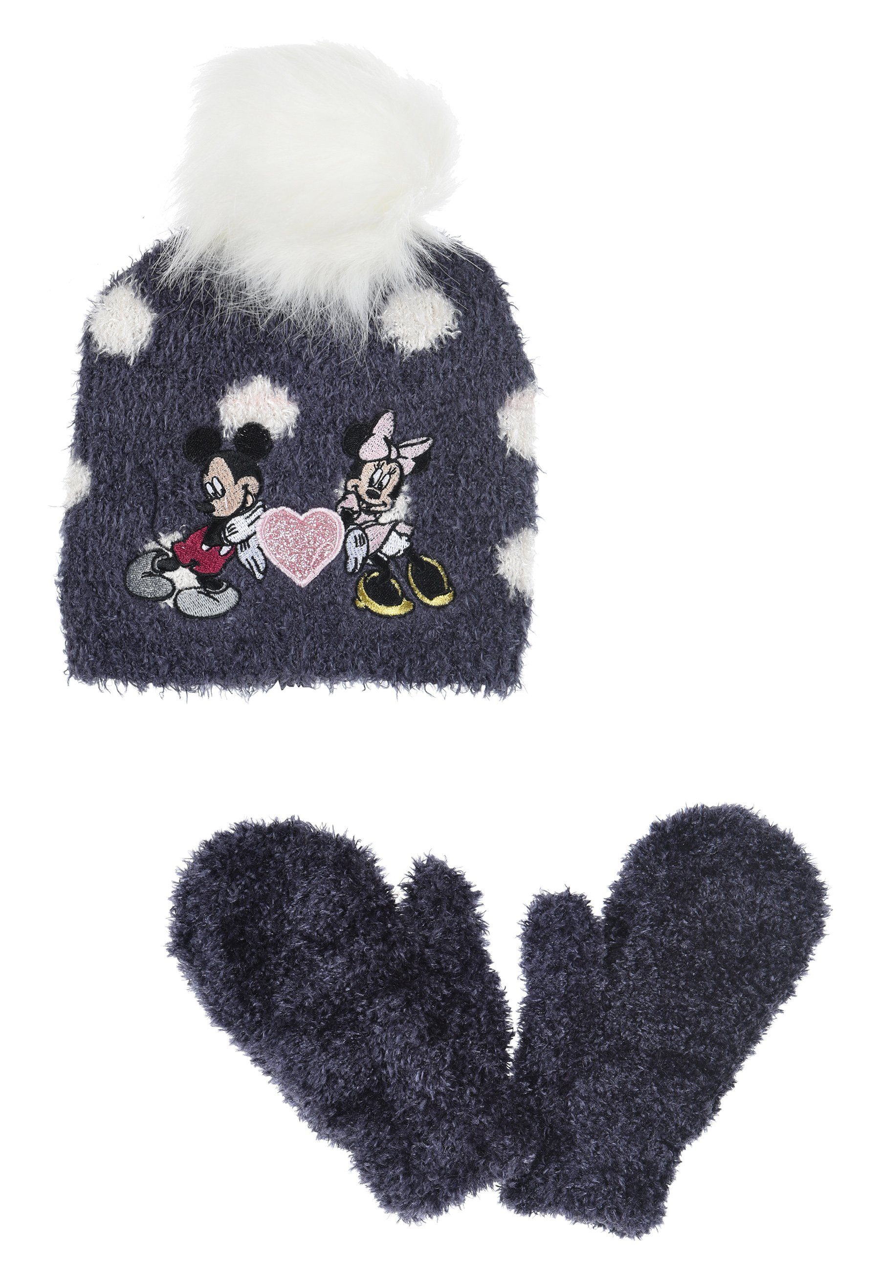 Disney Minnie Mädchen Bommelmütze & Kinder (SET) Mouse Winter-Set Mütze Grau tlg. 2 Handschuhe