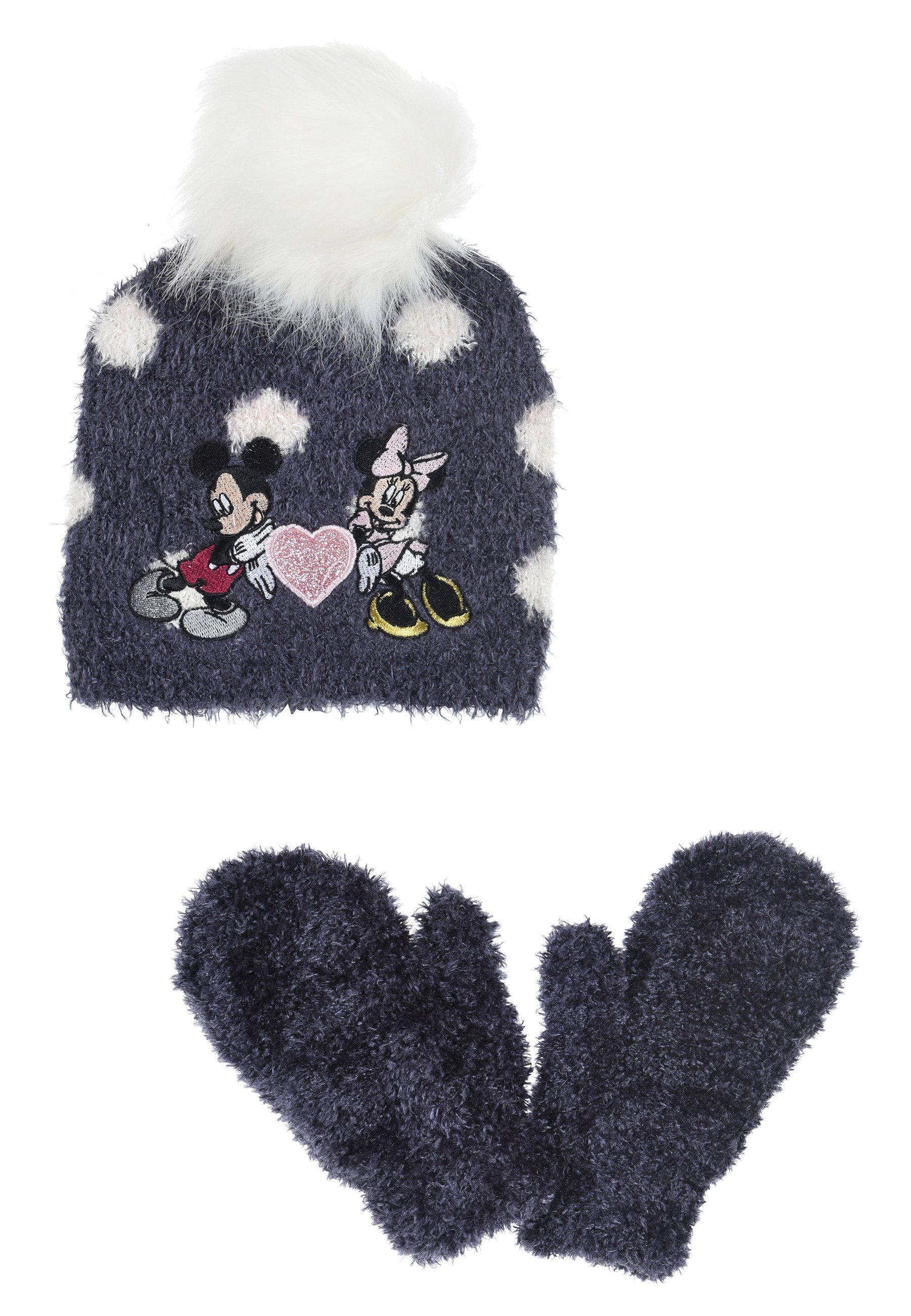 2 Mouse Grau Minnie (SET) Mädchen Kinder & Disney tlg. Mütze Handschuhe Bommelmütze Winter-Set