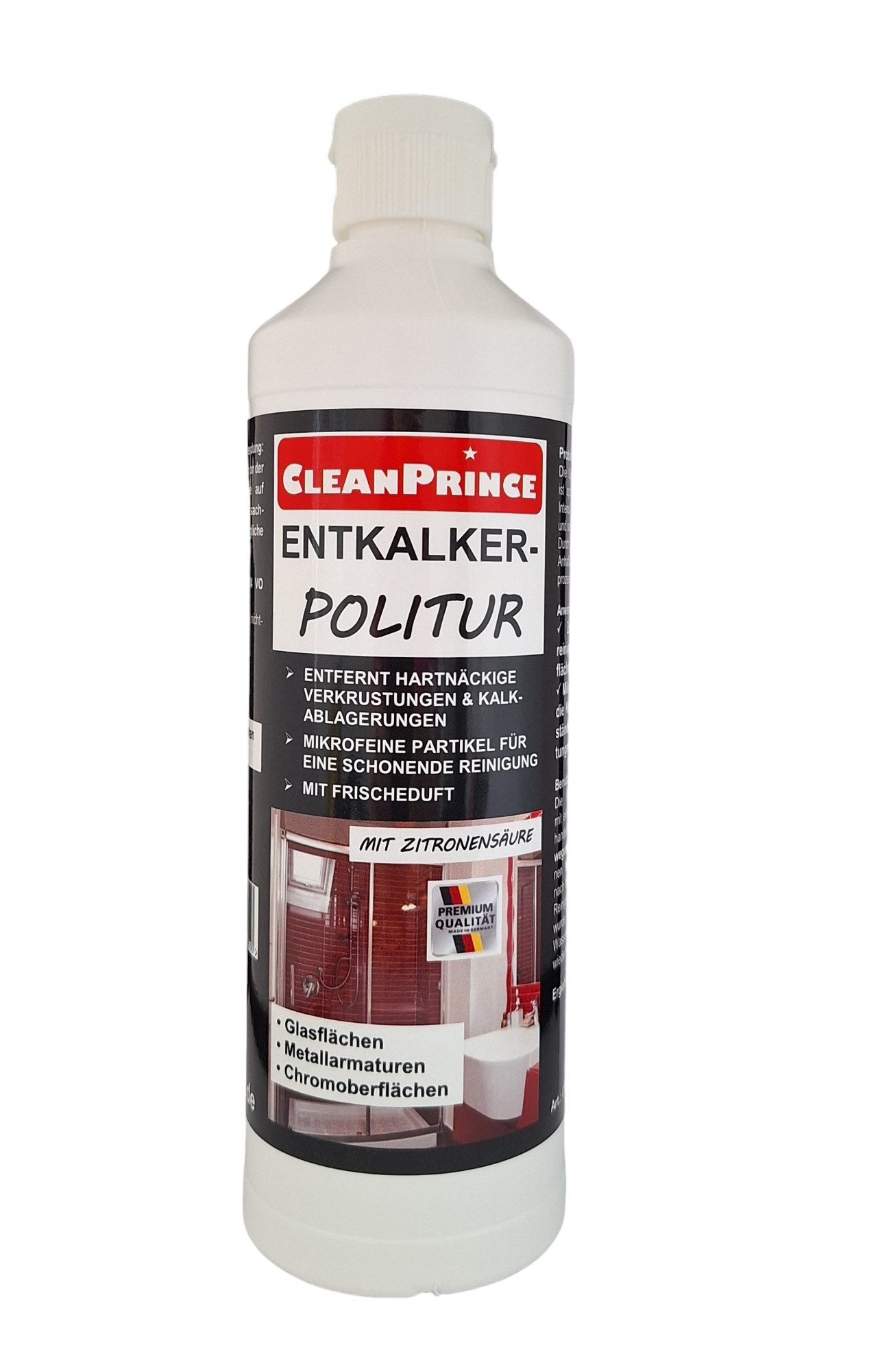 CleanPrince Entkalker Politur 500 ml Poliermittel flüssig Bad Dusche Kalk Politur, ideal für Glasflächen