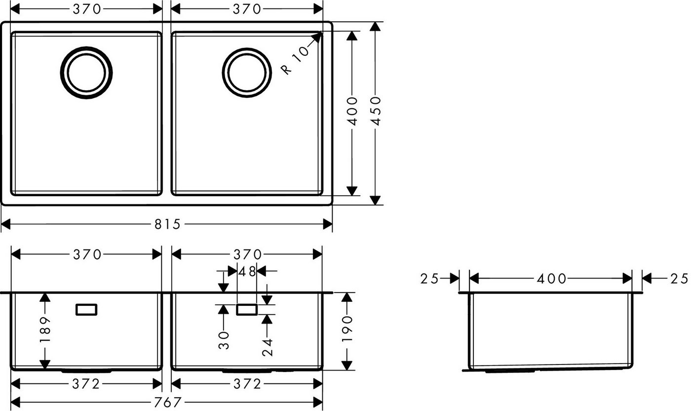 Thumbnail - hansgrohe Einbauspüle S71 S719-U765 Unterbauspüle 370/370 Edelstahl