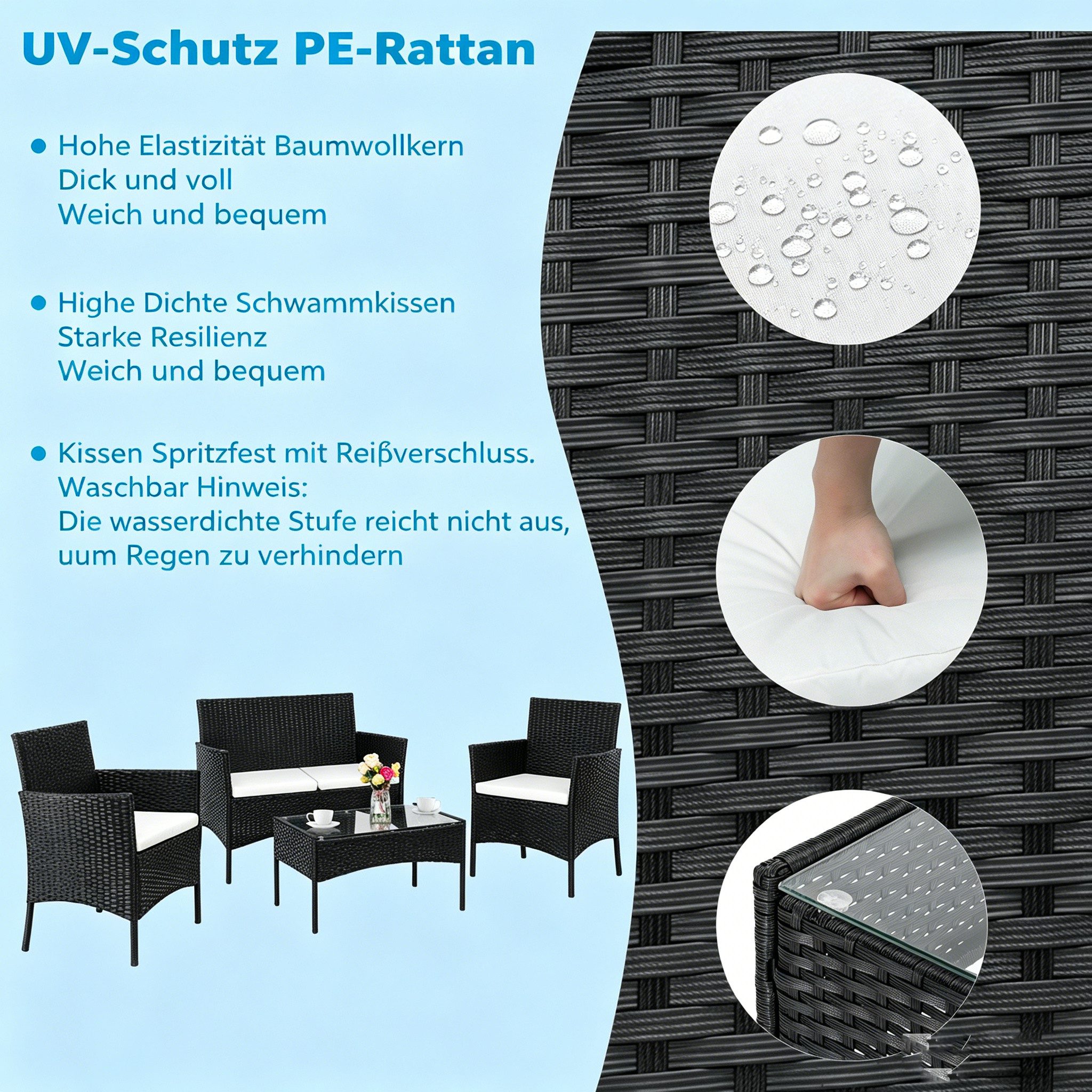 LEADZM Gartenlounge-Set 4-tlg Gartenlounge-Set, 2 Gartenstuhl, 1 Sofa, 1 Gartentisch, Gartenlounge – Bild 5 von 5