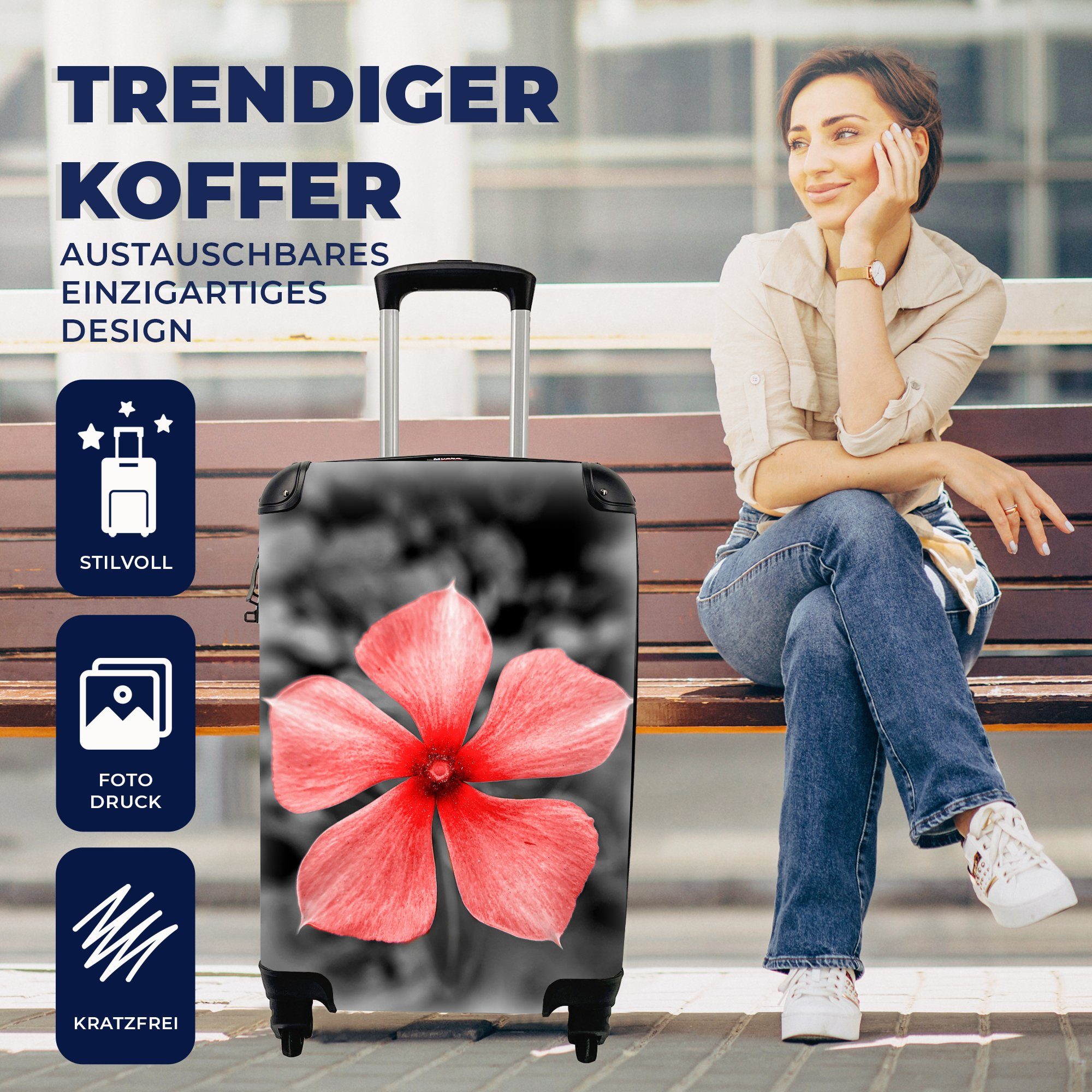 Handgepäckkoffer Schwarz - - Reisekoffer Reisetasche für - mit Rollen, rollen, Rot Blumen 4 Ferien, Trolley, MuchoWow Weiß, Handgepäck