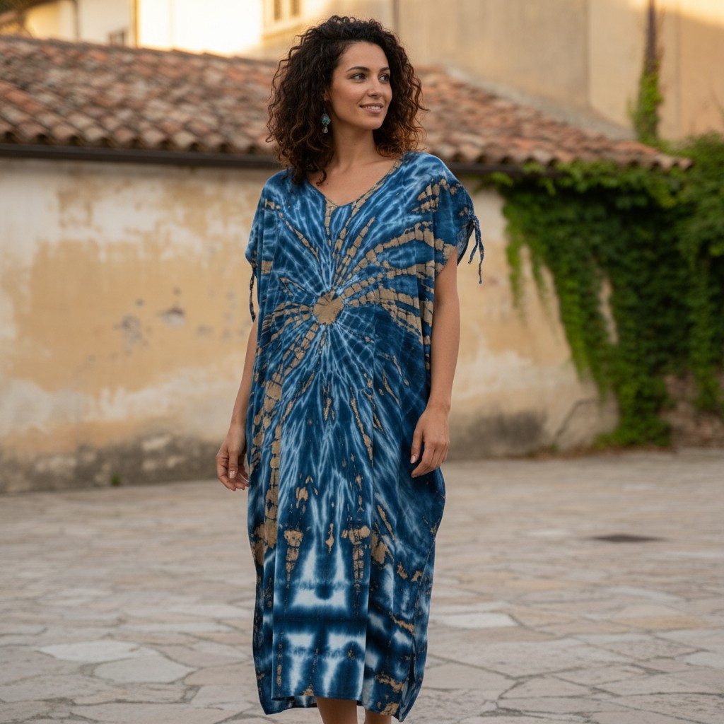 Guru-Shop Midikleid Boho Kaftan, langes Kurzarm Batikkleid,.. alternative B günstig online kaufen
