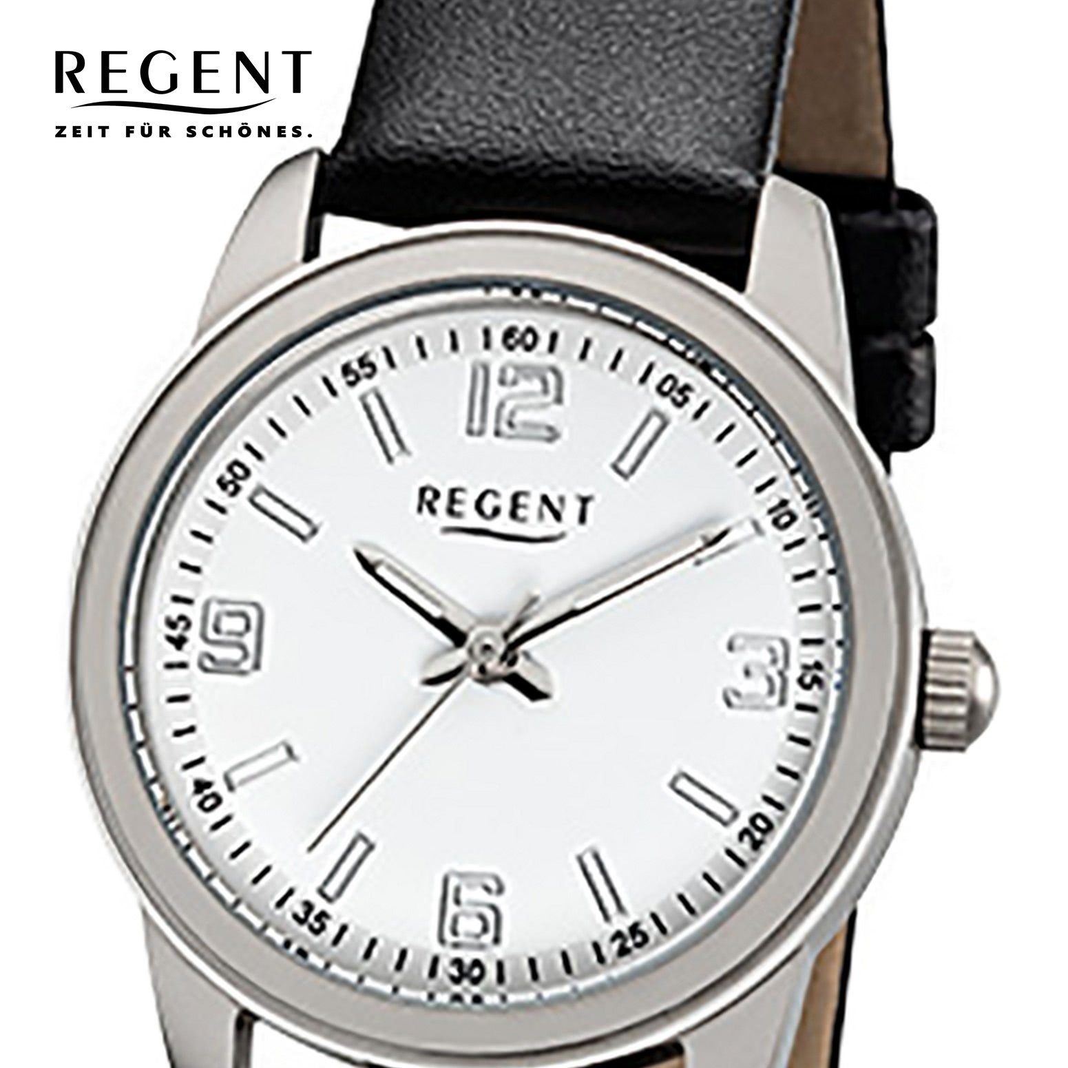 (ca. 27mm), Damen Quarzuhr schwarz rund, Damen-Armbanduhr Lederarmband Analog, klein Regent Armbanduhr Regent