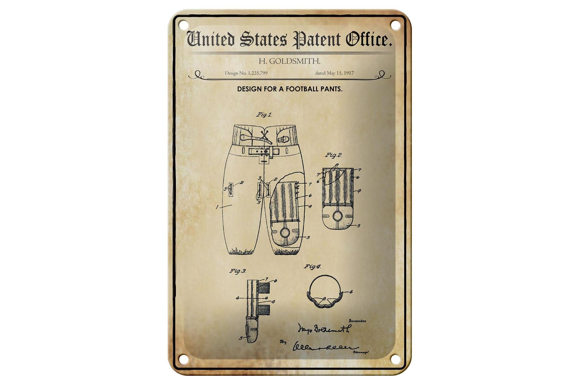 Femer GmbH Metallschild Patent 12x18 cm Entwurf für eine Football-Hose, (1 St), gewölbte Oberfläche, abgerundete Ecken, umgeschlagene Kanten