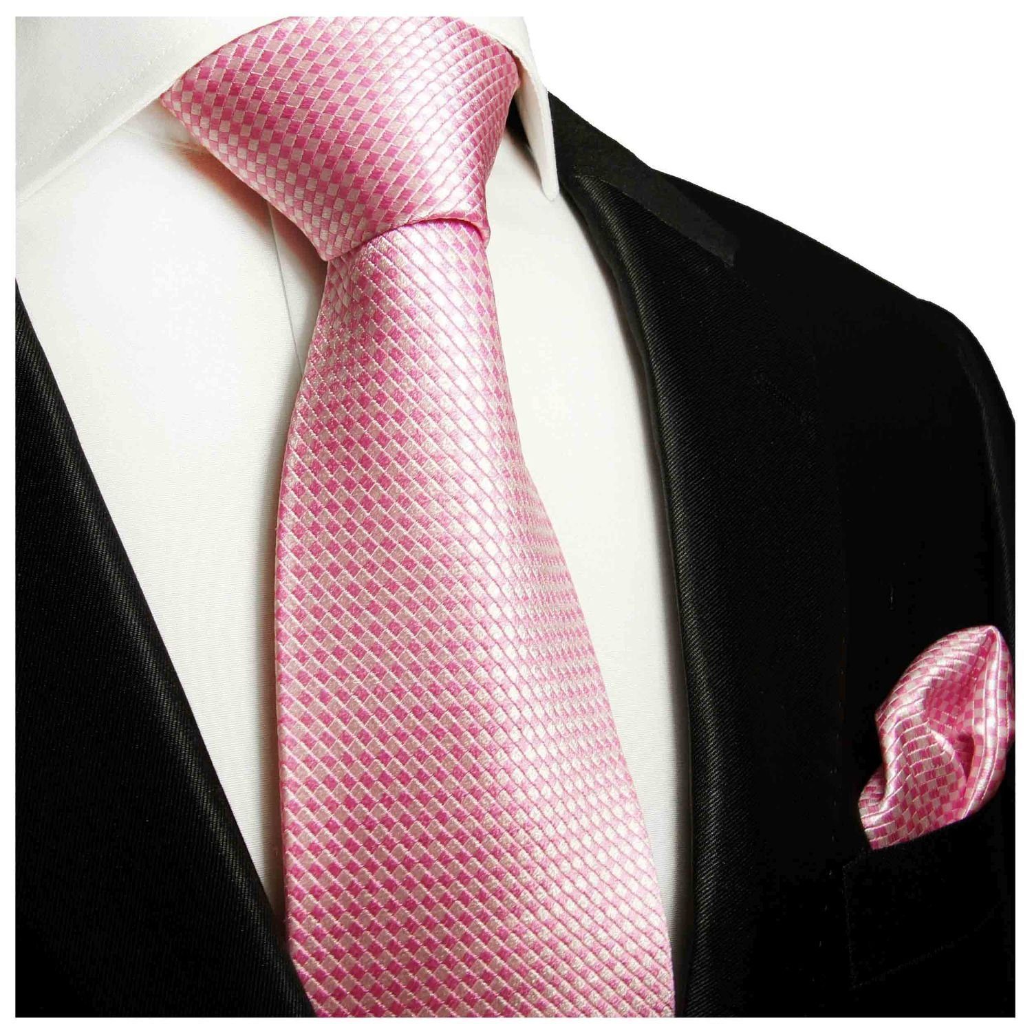 modern uni (Set, 2-St., Malone einfarbig Krawatte (6cm), Paul Einstecktuch) mit 100% mit Schmal Herren pink Krawatte 501 Seide Tuch rosa Seidenkrawatte