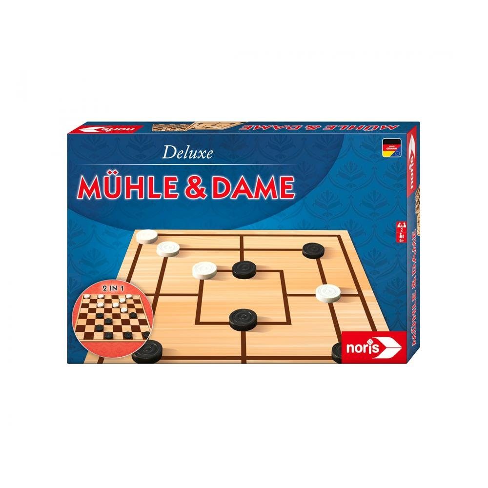 Noris Spiel Deluxe Mühle & Dame, mit Spielbrett, 24 Holzsteine, Familienspiel