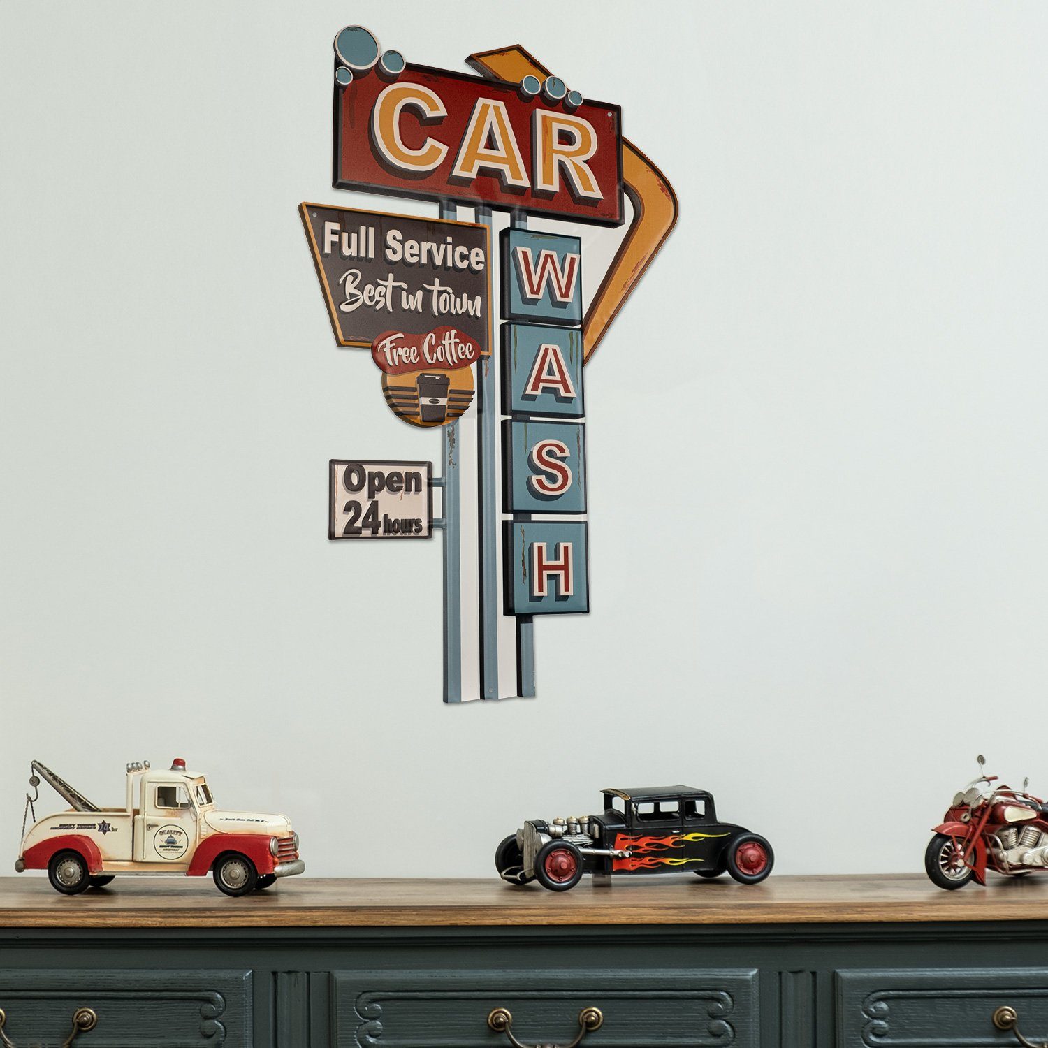 Moritz Metallschild Waschstraße Car Wash Full Service, Vintage Retro Deko Schild Metallschild Wandbild Schild