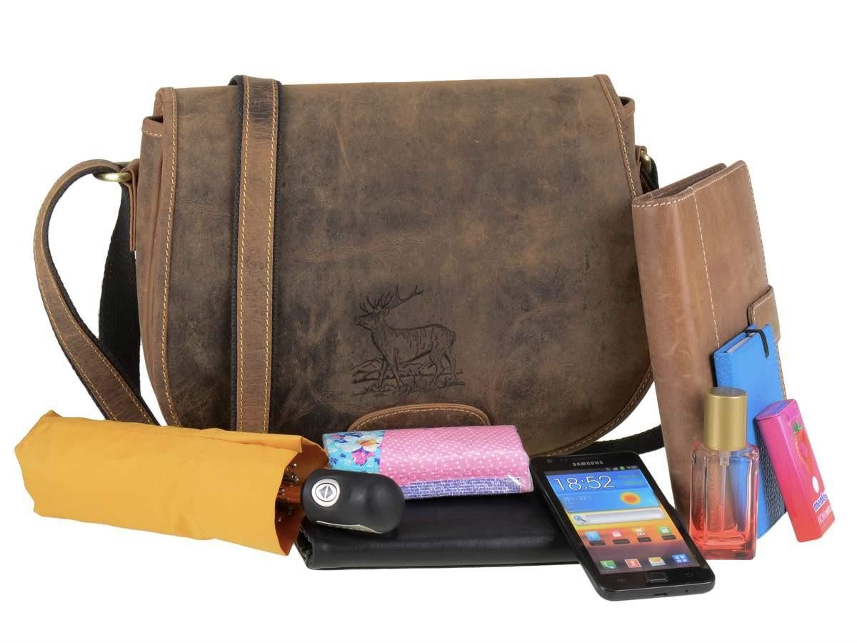 Greenburry Umhängetasche Vintage Hunting, Schultertasche, große Jagdtasche 30cm, Hirsch-Prägung