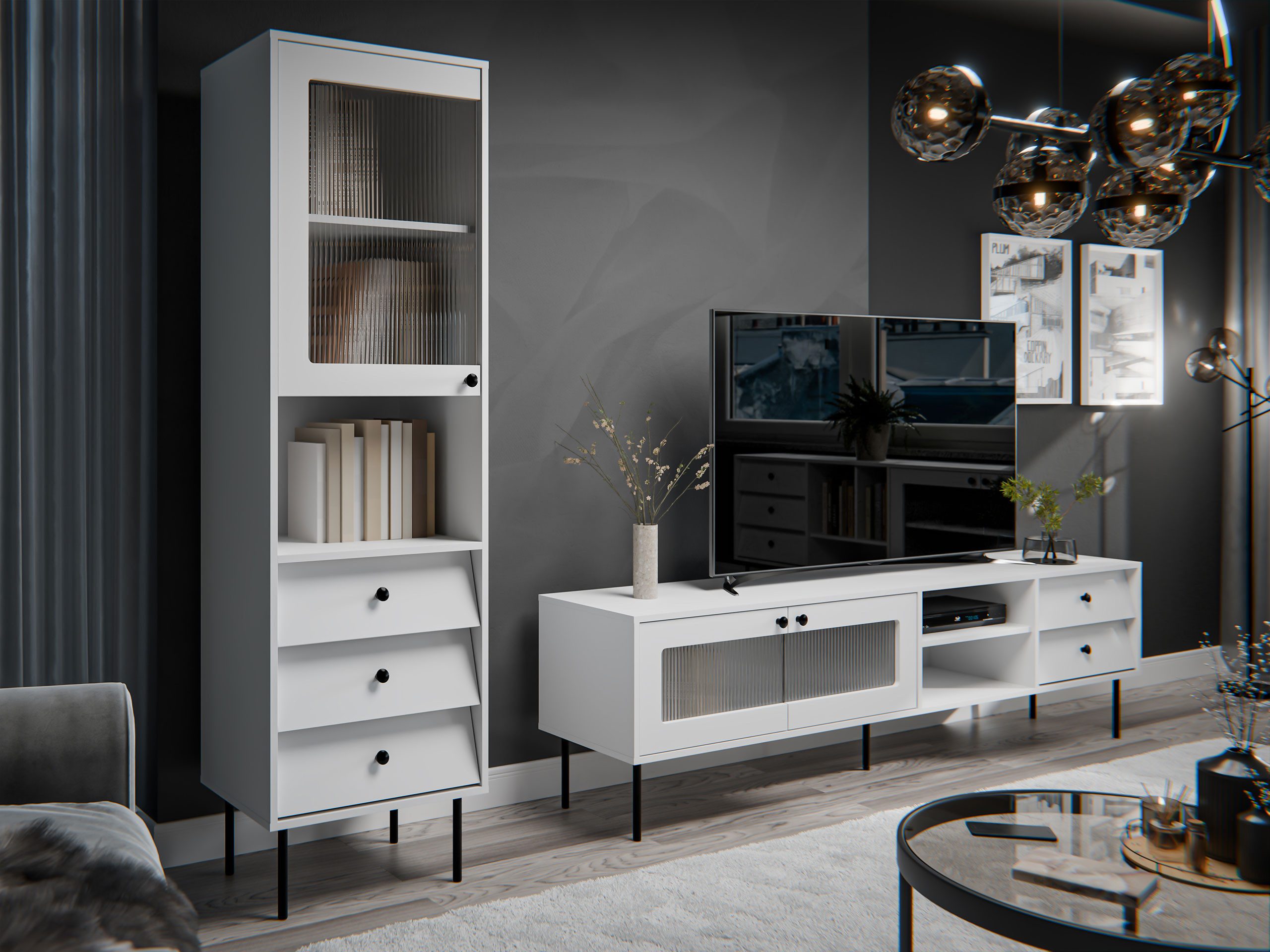 MIRJAN24 Wohnzimmer-Set Valerio II, (2er-Set, TV-Lowboard, Vitrine), Fronten teilweise aus ornamentalem, gehärtetem Glas