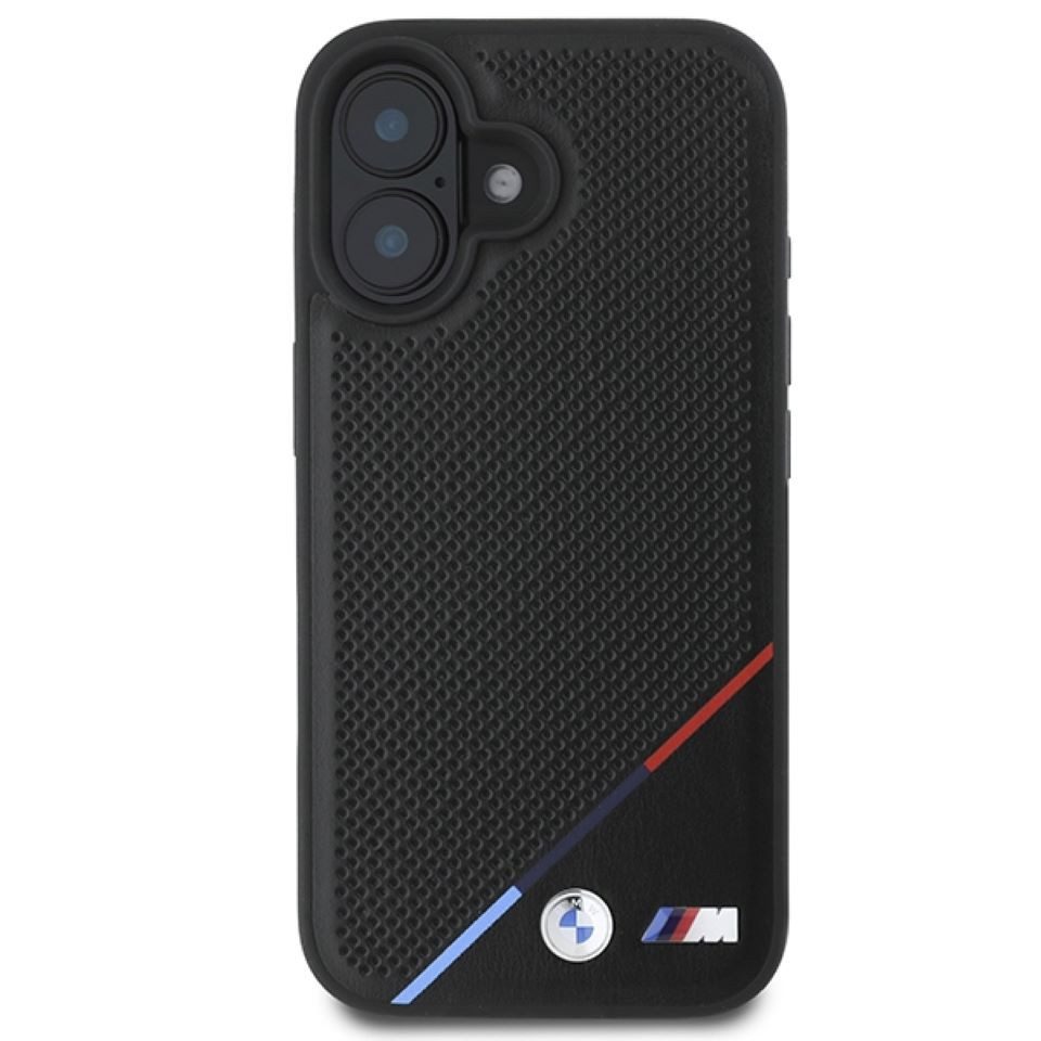 BMW Handyhülle iPhone 16 Kunstleder Tricolor schwarz MagSafe Logo Meta 6,1 Zoll, Kantenschutz