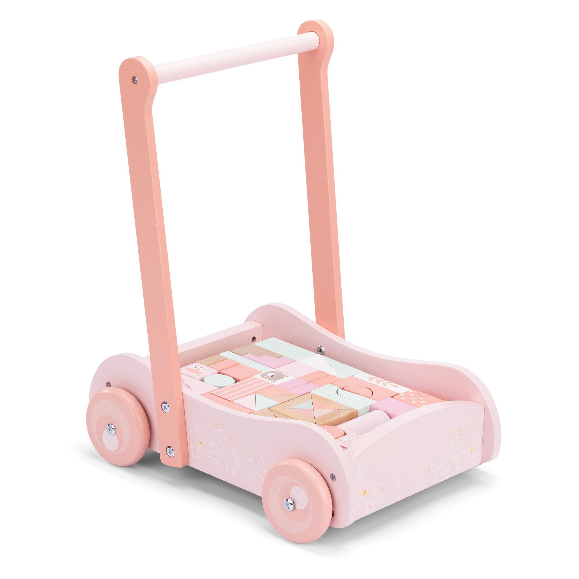 Navaris Lauflernwagen Lauflernwagen aus Holz mit 46 Bauklötzen - Rosa, (1-tlg)