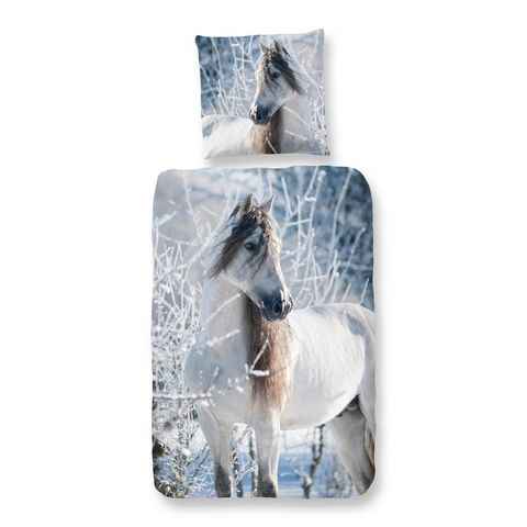 Bettwäsche Comfort Baumwolle, Traumschloss, Flanell, 2 teilig, weißes Pferd im Winter, Schimmel