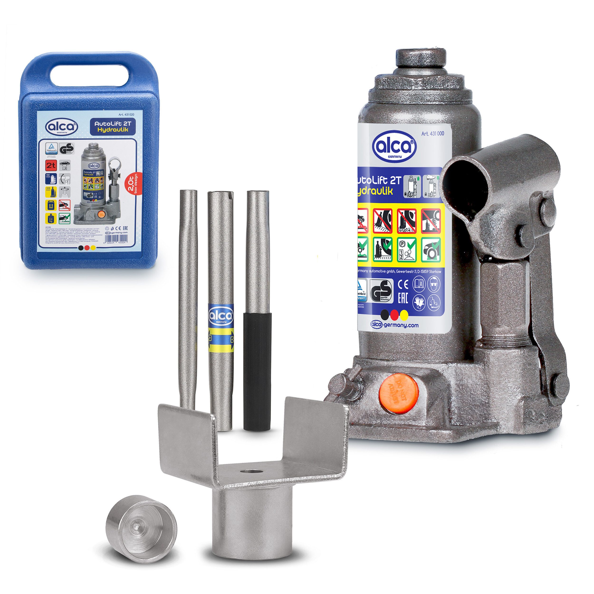 alca Wagenheber Hydraulischer Wagenheber 2t im Koffer mit U-Adapter – 158–308 mm, max. Hubhöhe: 30.8 cm, Set, 2-tlg., inkl. U-Adapter