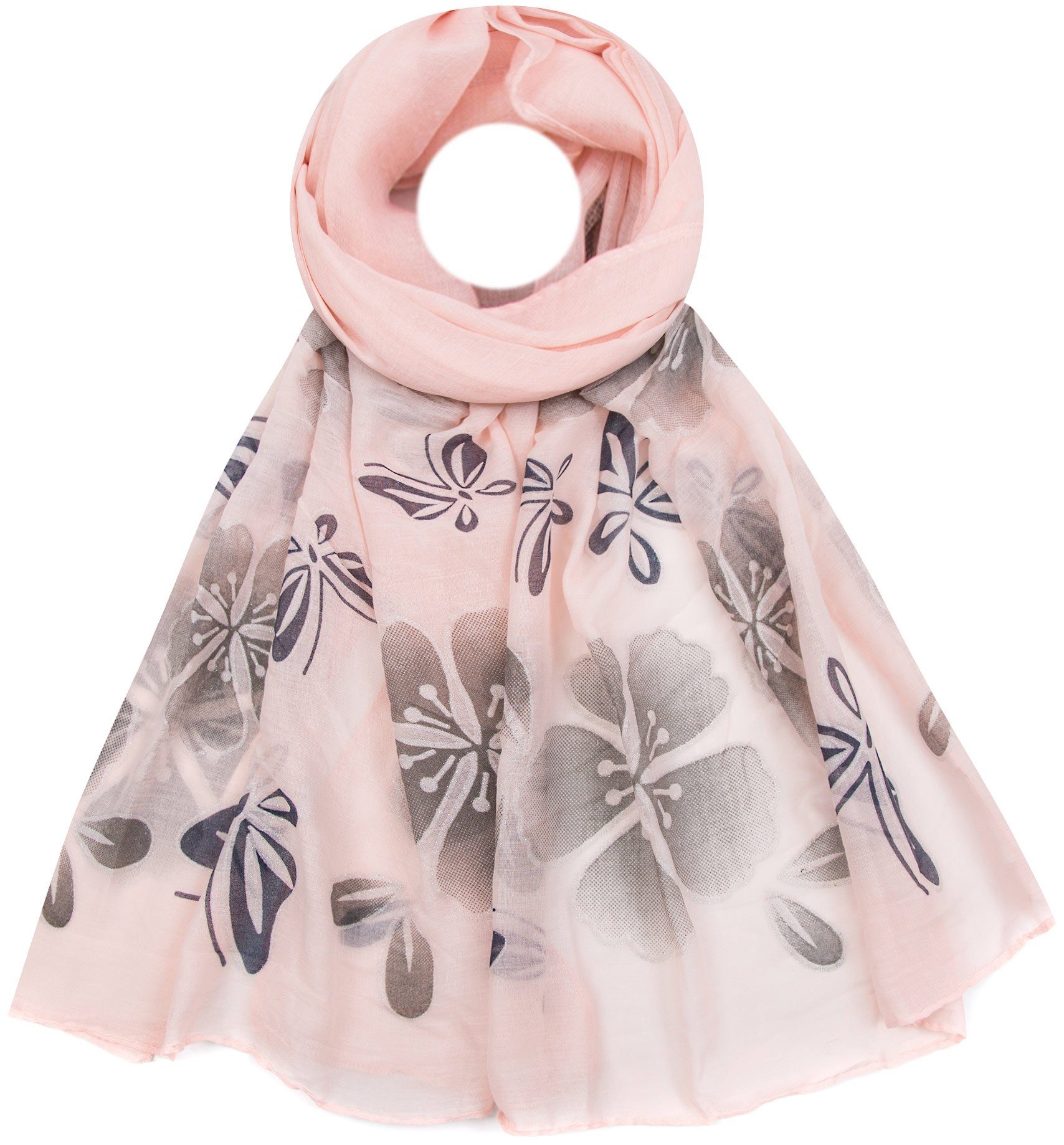 Faera Modeschal, Damen Schal Schmetterlinge und Blumen Silber-Glitzer weich und leicht rosa