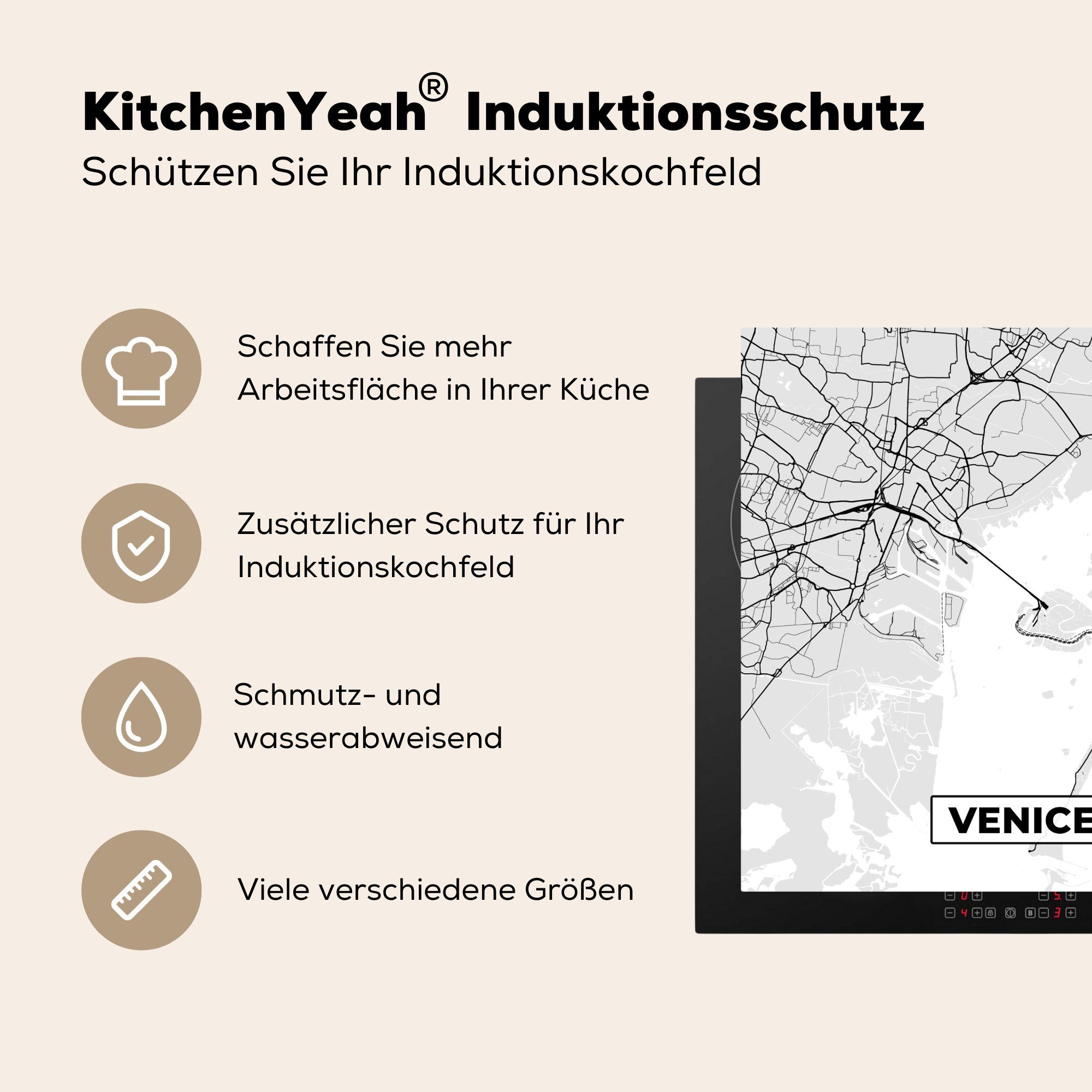 Venedig 78x78 für cm, Stadtplan - küche - - MuchoWow (1 Herdblende-/Abdeckplatte Karte und Vinyl, Ceranfeldabdeckung, tlg), weiß, Schwarz Arbeitsplatte