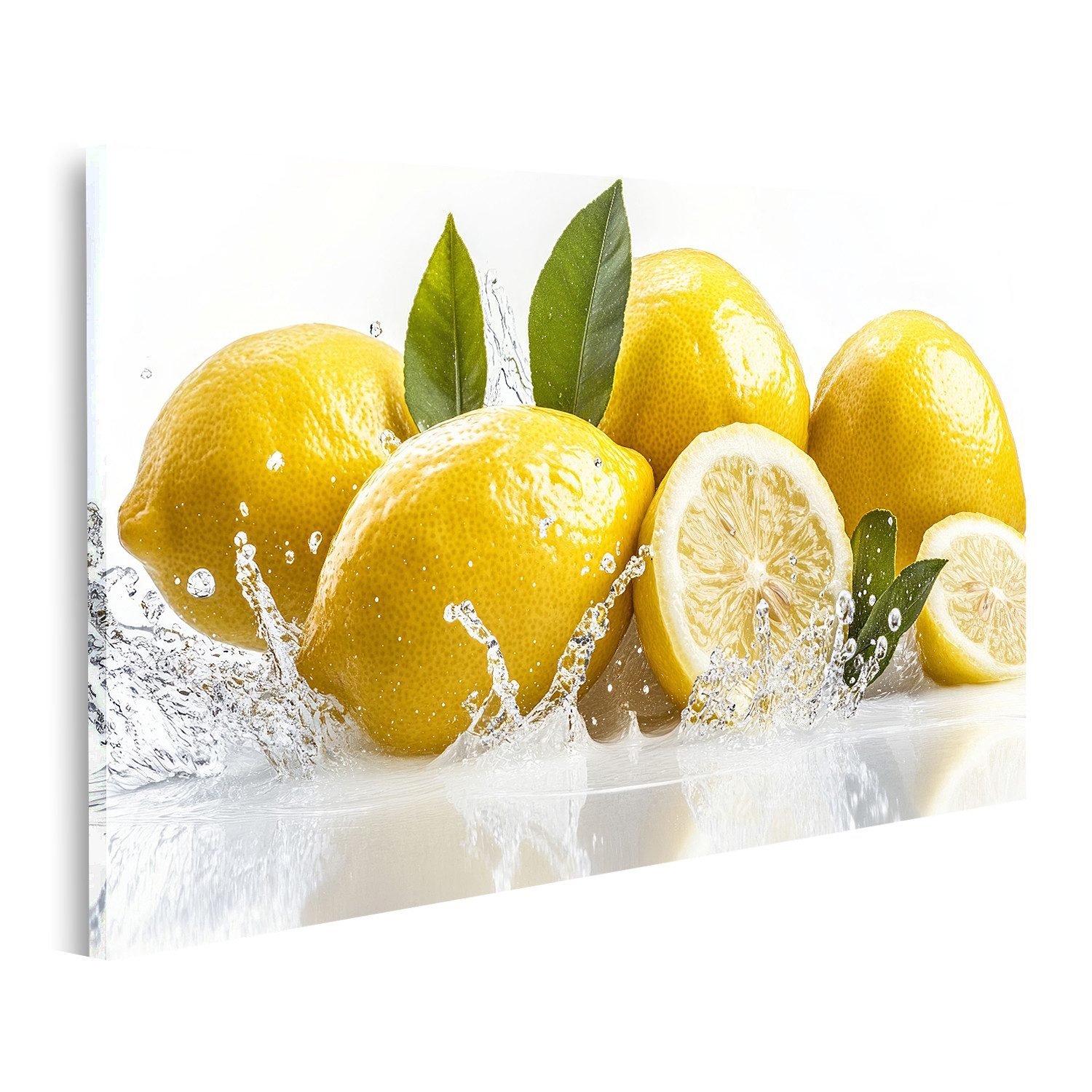 islandburner Leinwandbild, Spritzige Zitronen mit frischen Blättern