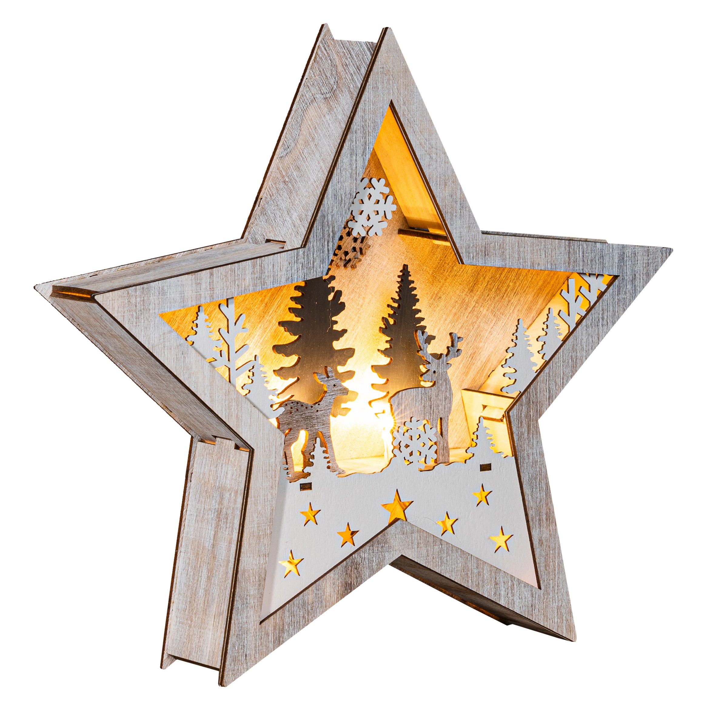 Spetebo Dekofigur LED Weihnachts Stern aus Holz 25 cm (Deko Aufsteller, 1 St., Rentier im Wald), Leuchtfarbe : warm weiß