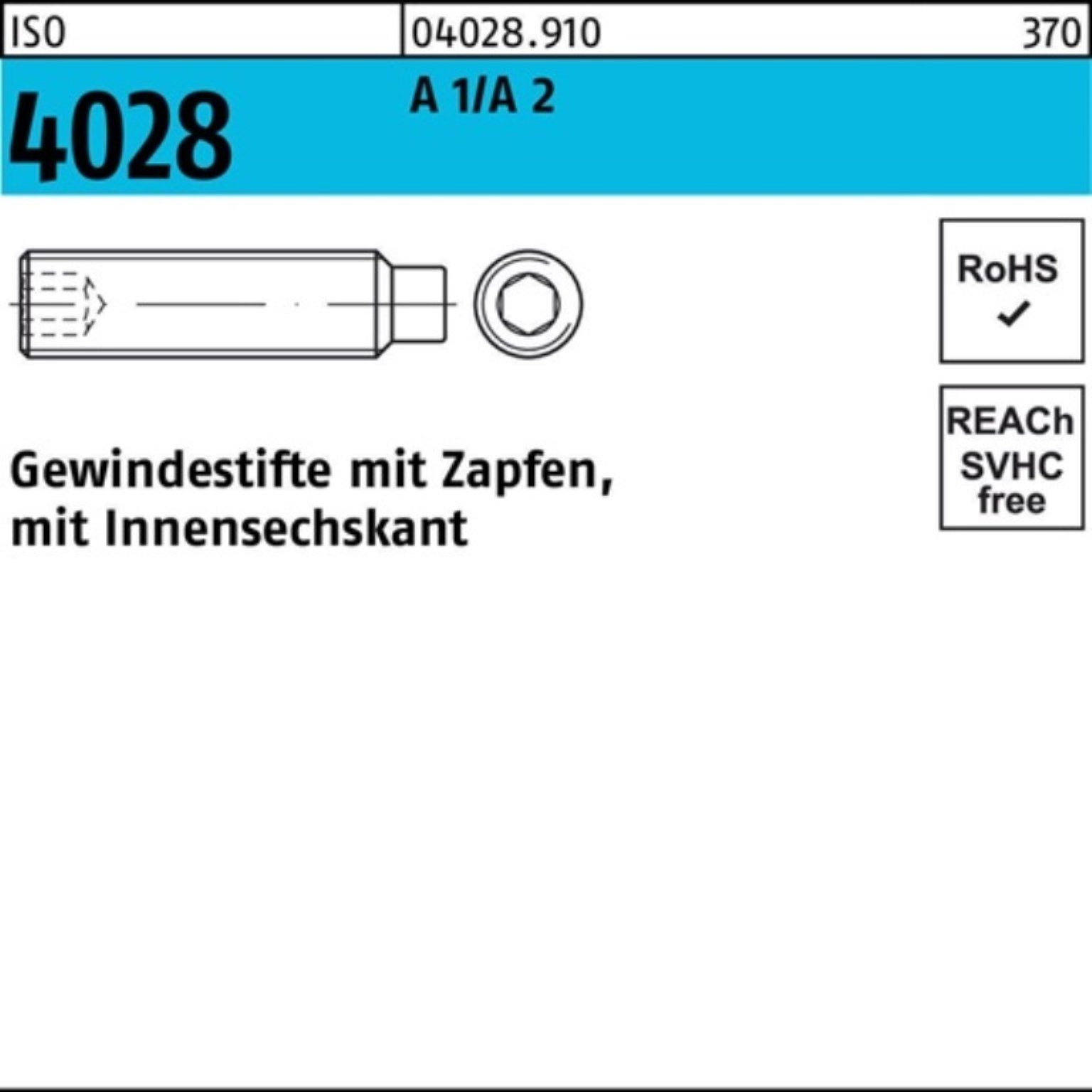 2 Reyher Gewindestift Zapfen/Innen-6kt ISO Gewindebolzen Pack A M4x St 1/A 4028 500 6 500er