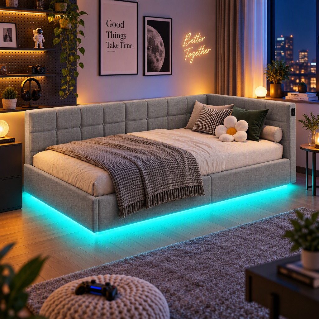 Furnishings Home Polsterbett Daybett Jugendbett Einzelbett (Hydraulisch hebbarer Stauraum, Geeignet für Jungen und Mädchen), Mit LED-Beleuchtung, Ladefunktion, Samt, 90x200 cm