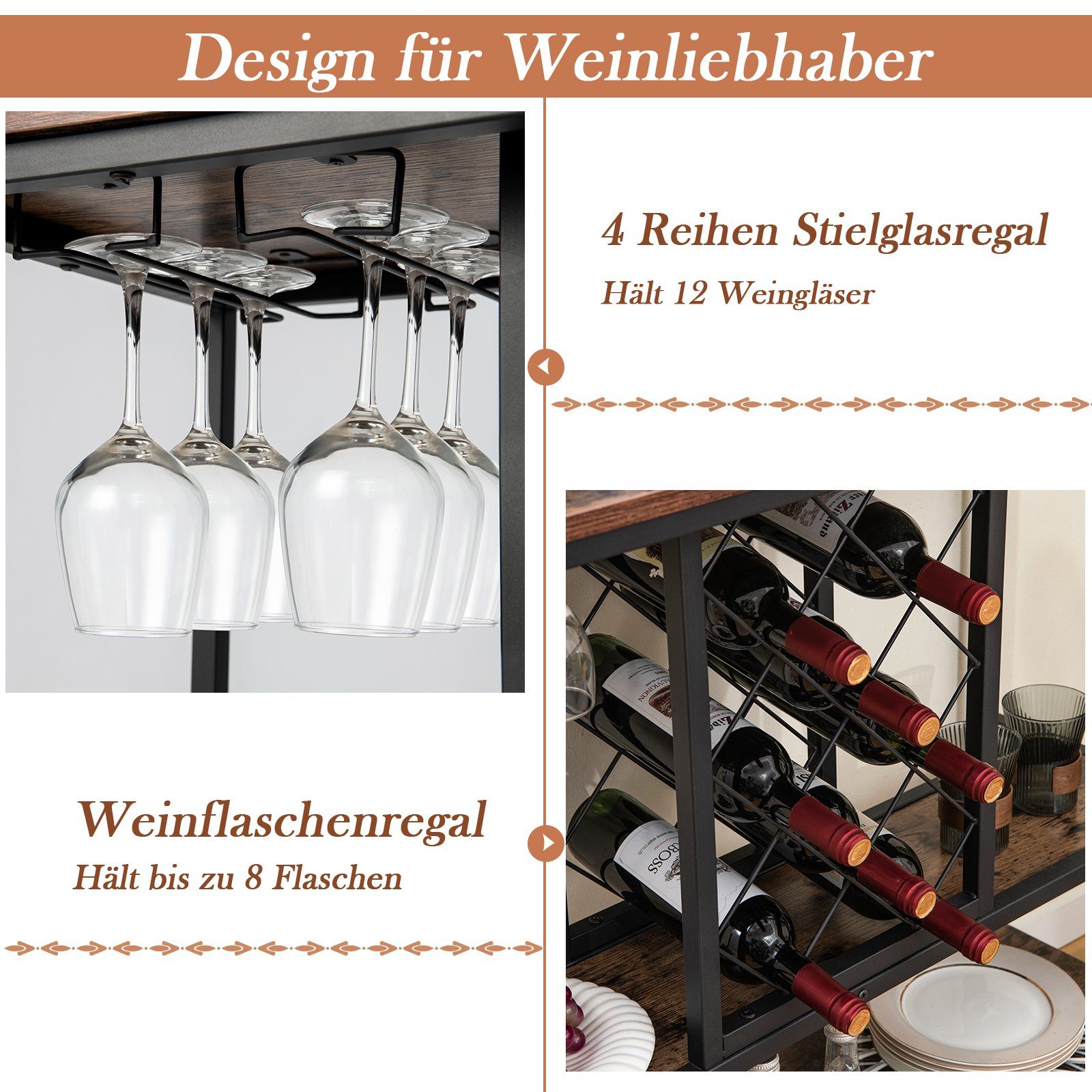 COSTWAY Küchenregal, mit Weinregal, Weinglashalter Ablagen, & 100x40x87cm