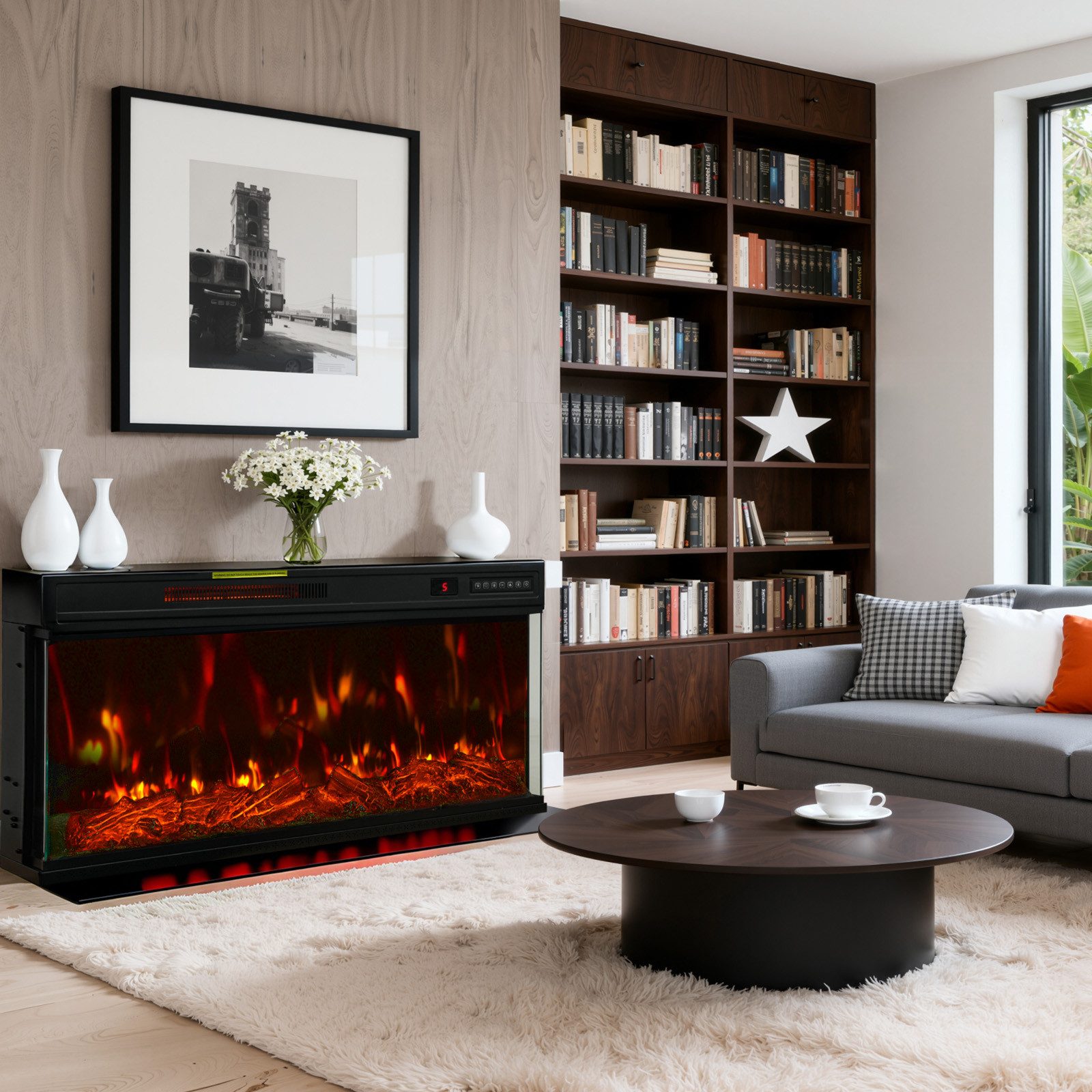 HOMAVO Elektrokamin mit 1000W/2000W Heizung, 12 3D-Flammenfarben, 36" - Stand, Einbaukamin / 50" - Wand, Einbaukamin, App-Steuerung