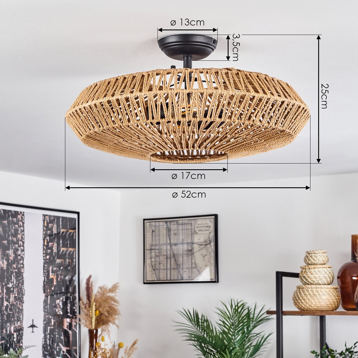 hofstein Deckenleuchte »Alvi« moderne Deckenlampe aus Metall/Rattan in Schwarz/Natur, ohne Leuchtmittel, Leuchte im modernen Design mit Lichteffekt, ø52cm, 1xE2 – Bild 4 von 5