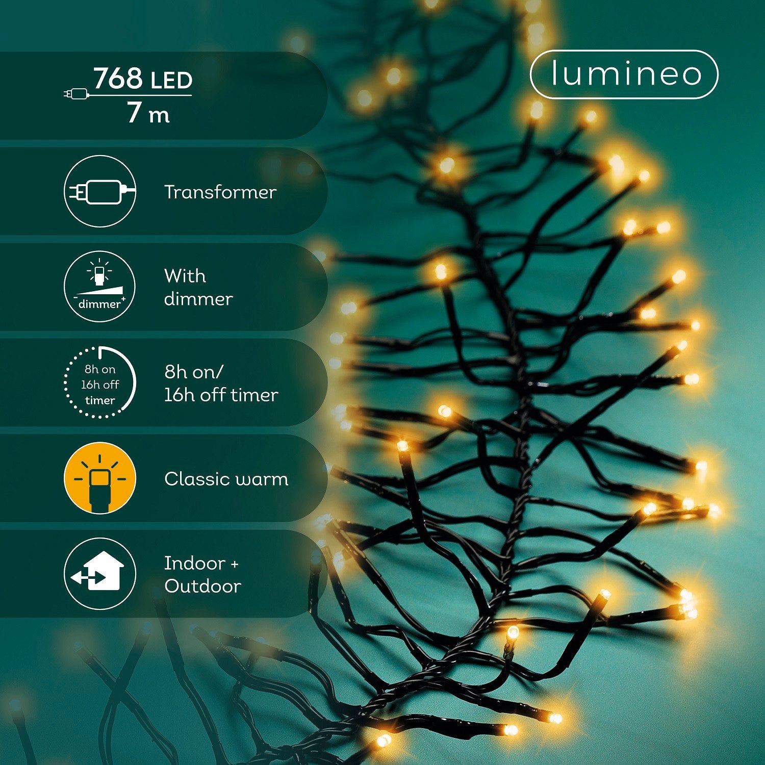 Lumineo LED-Lichterkette Lumineo Lichterkette CLUSTER 768 LED 7 m klassisch warm, schwarz, Indoor/Outdoor, dimmbar, 8h-Timer, + 5 m Zuleitung – Bild 2 von 5